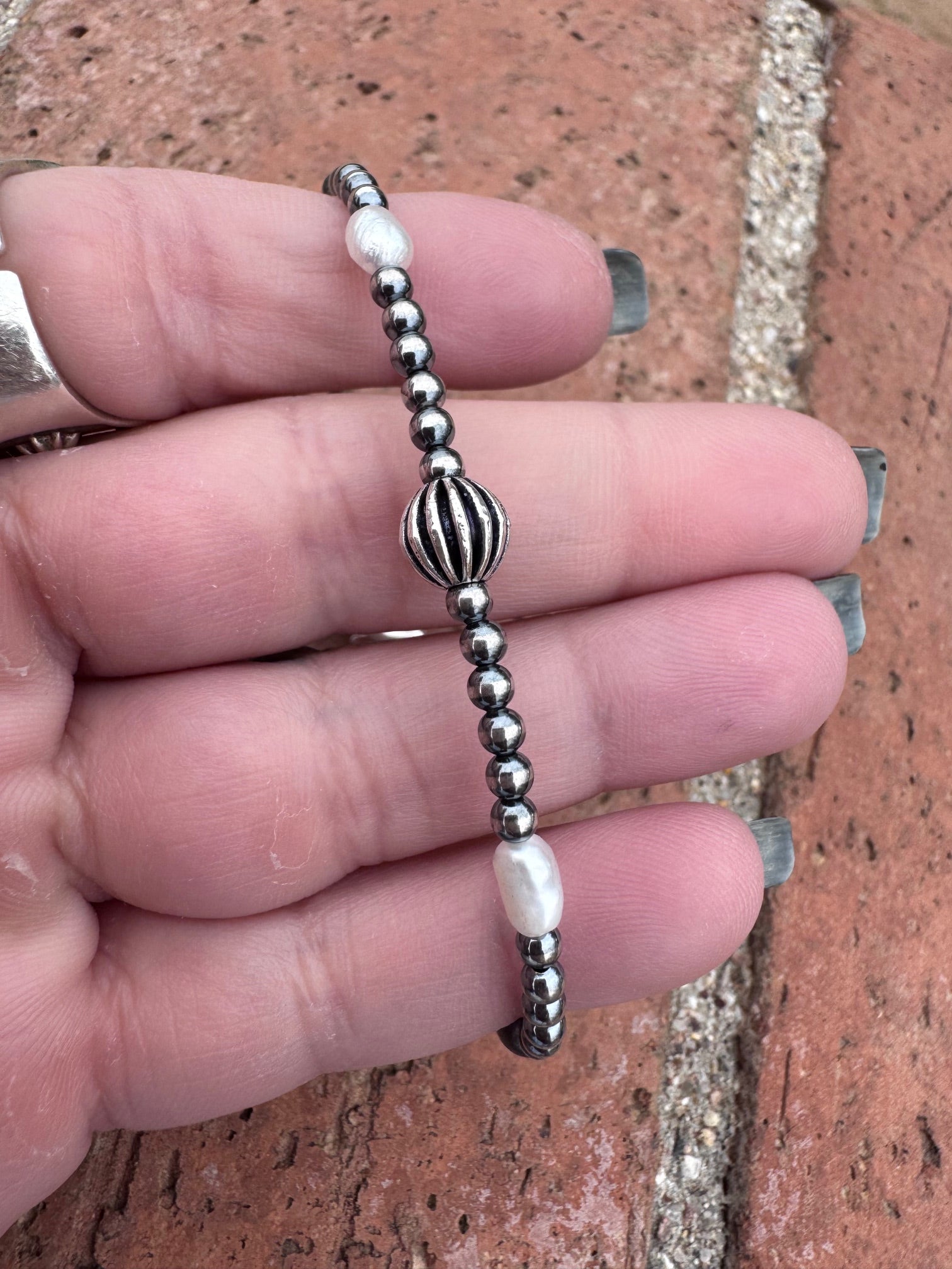 Handcrafted Mother of Pearl & Sterling Silver Pearl 3-6mm Beaded Bracelet 7"