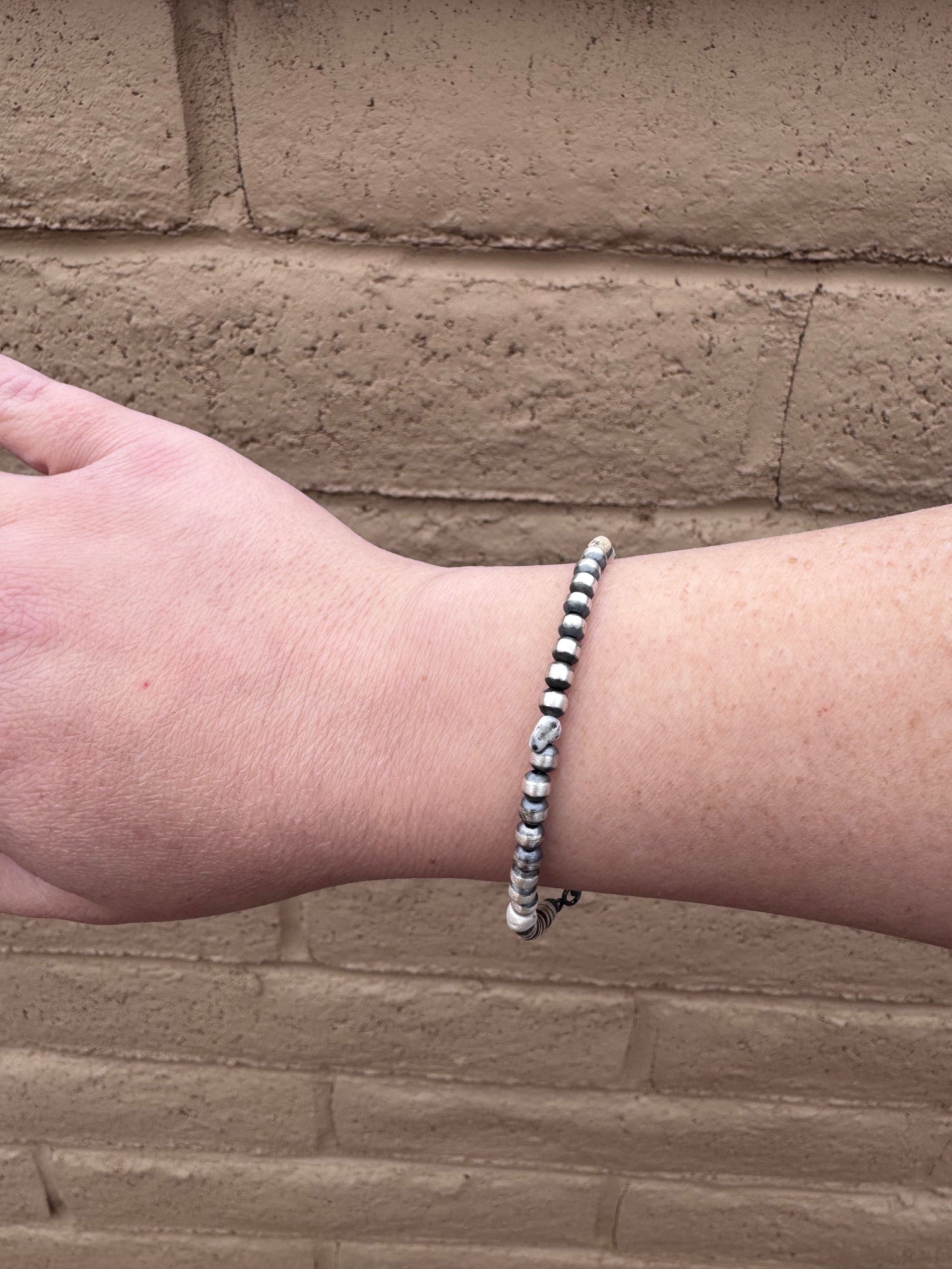 Handcrafted White Buffalo & Sterling Silver Pearl 4mm Beaded Bracelet 7.5"