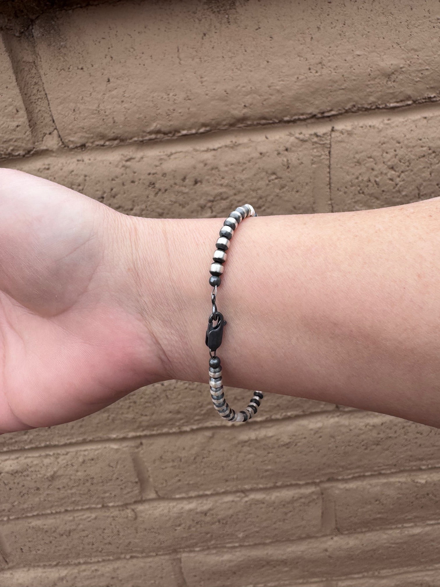 Handcrafted White Buffalo & Sterling Silver Pearl 4mm Beaded Bracelet 7.5"
