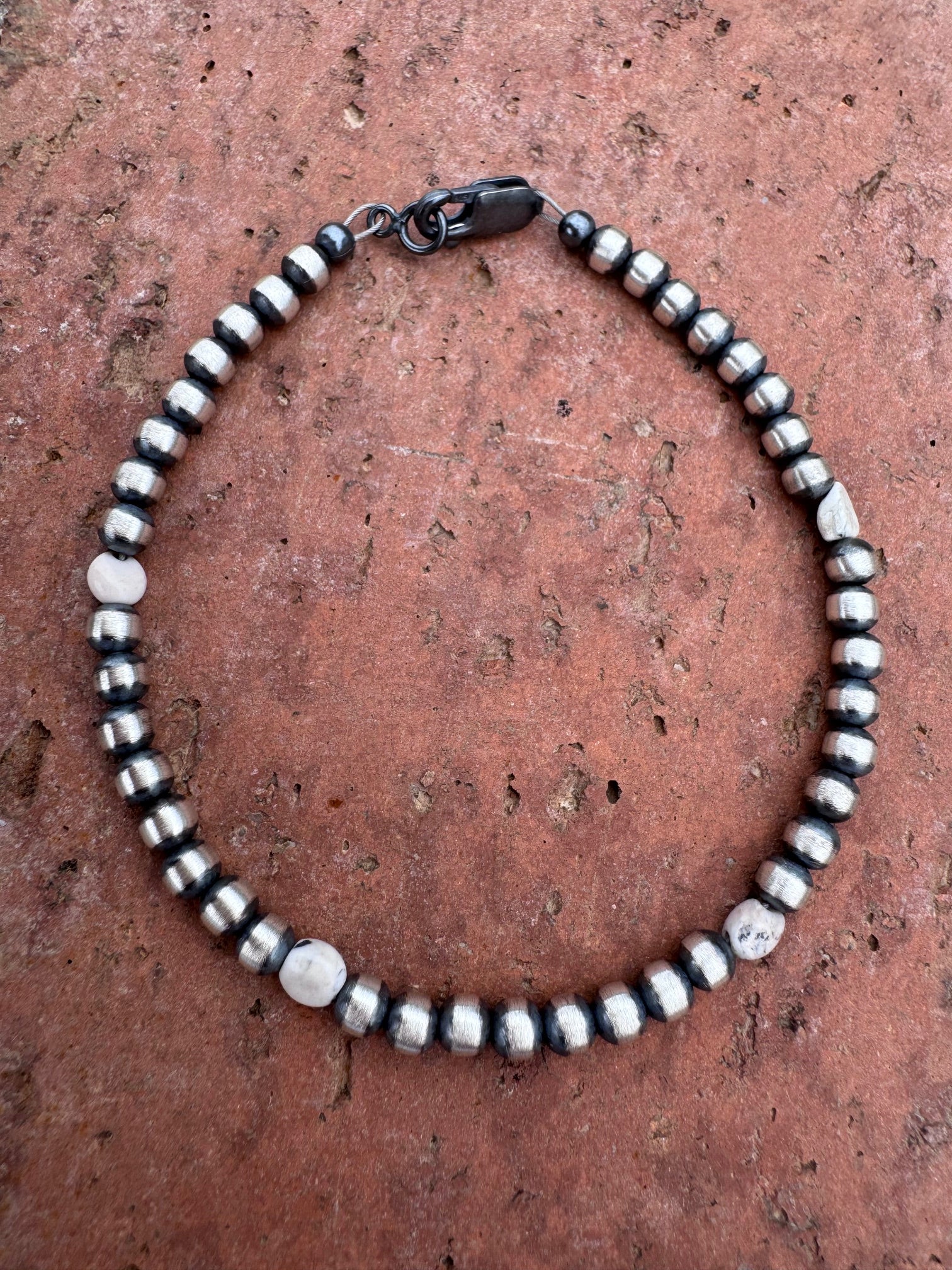 Handcrafted White Buffalo & Sterling Silver Pearl 4mm Beaded Bracelet 7.5"