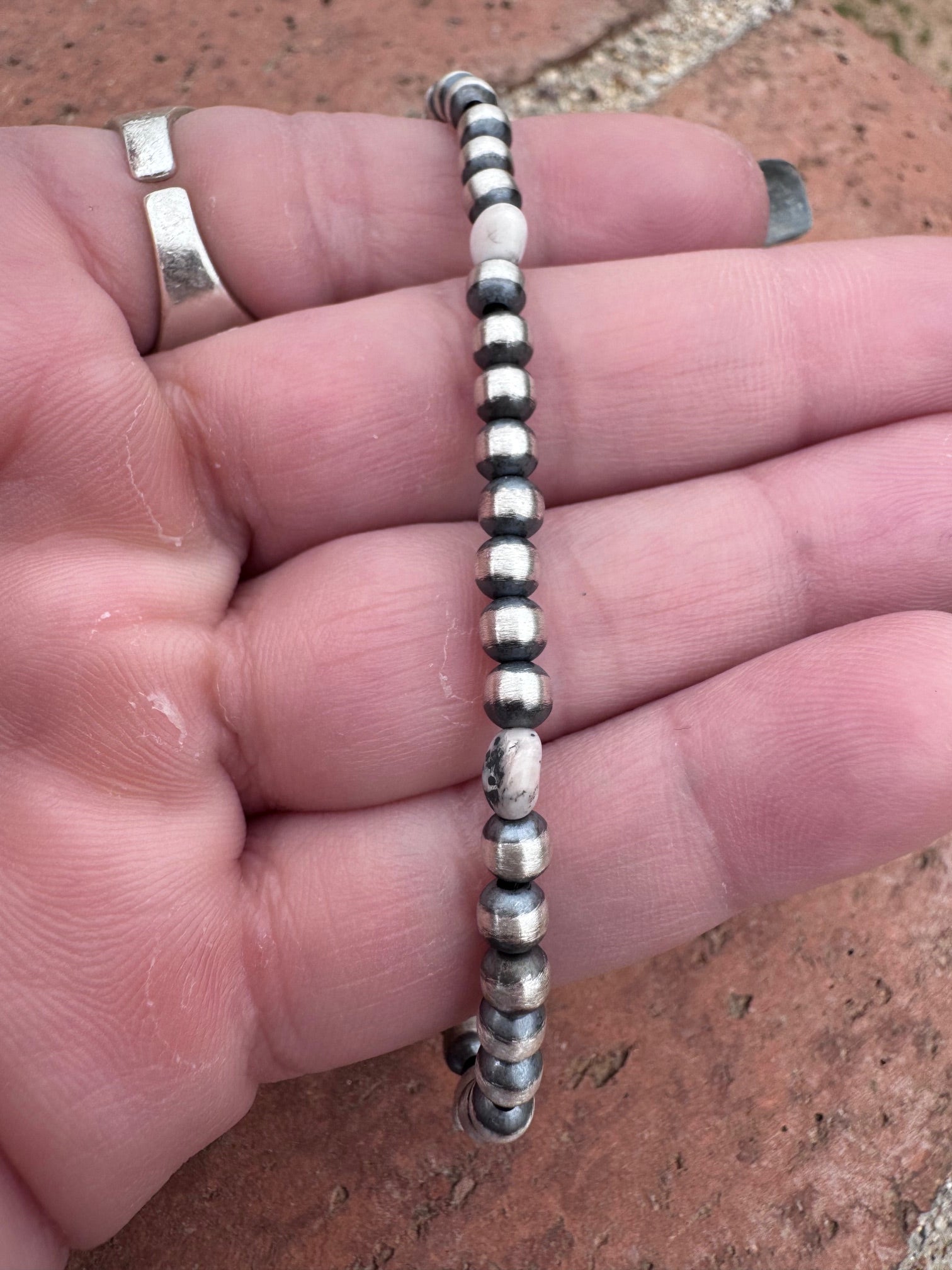 Handcrafted White Buffalo & Sterling Silver Pearl 4mm Beaded Bracelet 7.5"