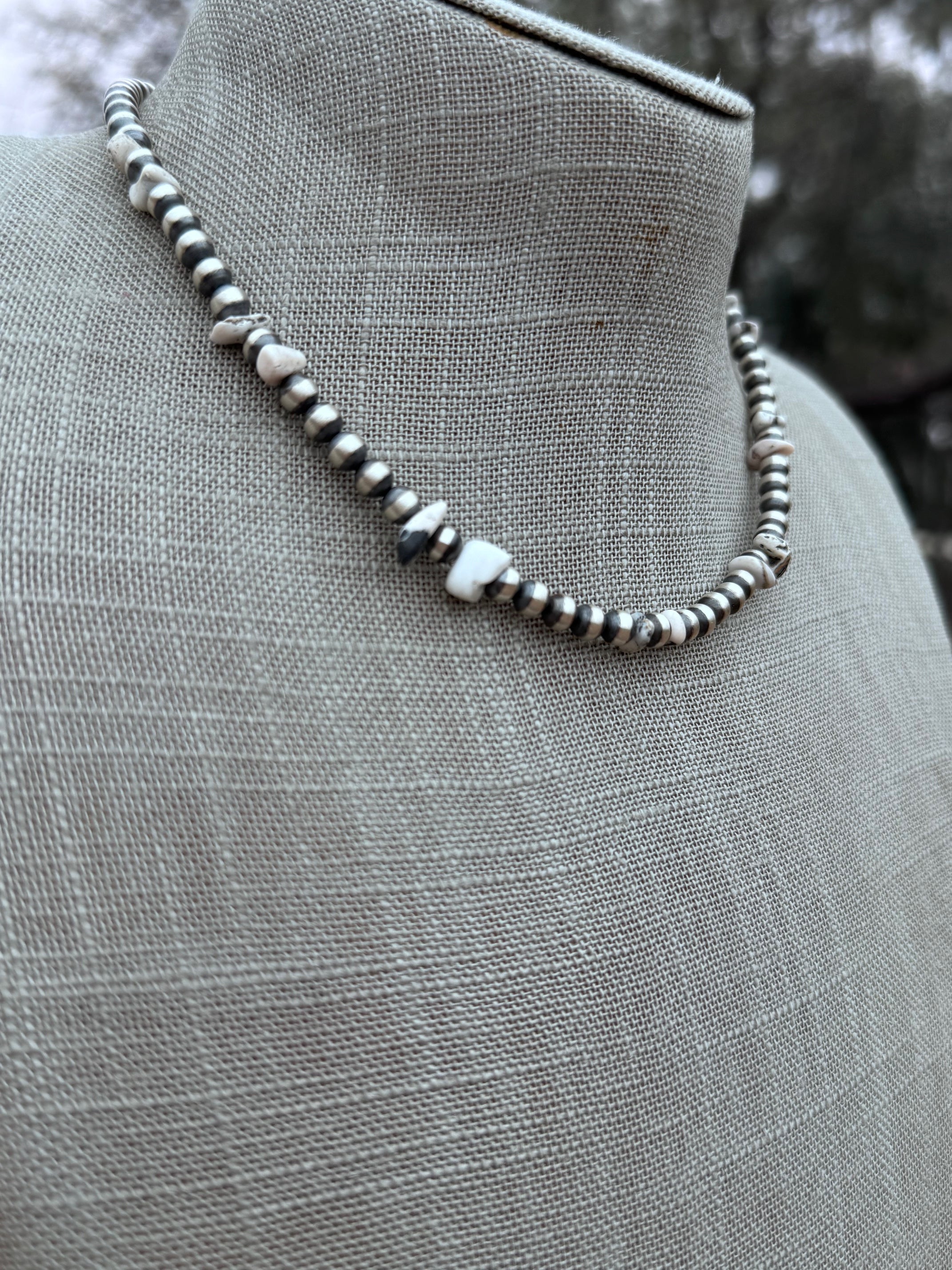 Handcrafted Sterling Silver & White Buffalo 5mm Beaded Necklace 15.5"
