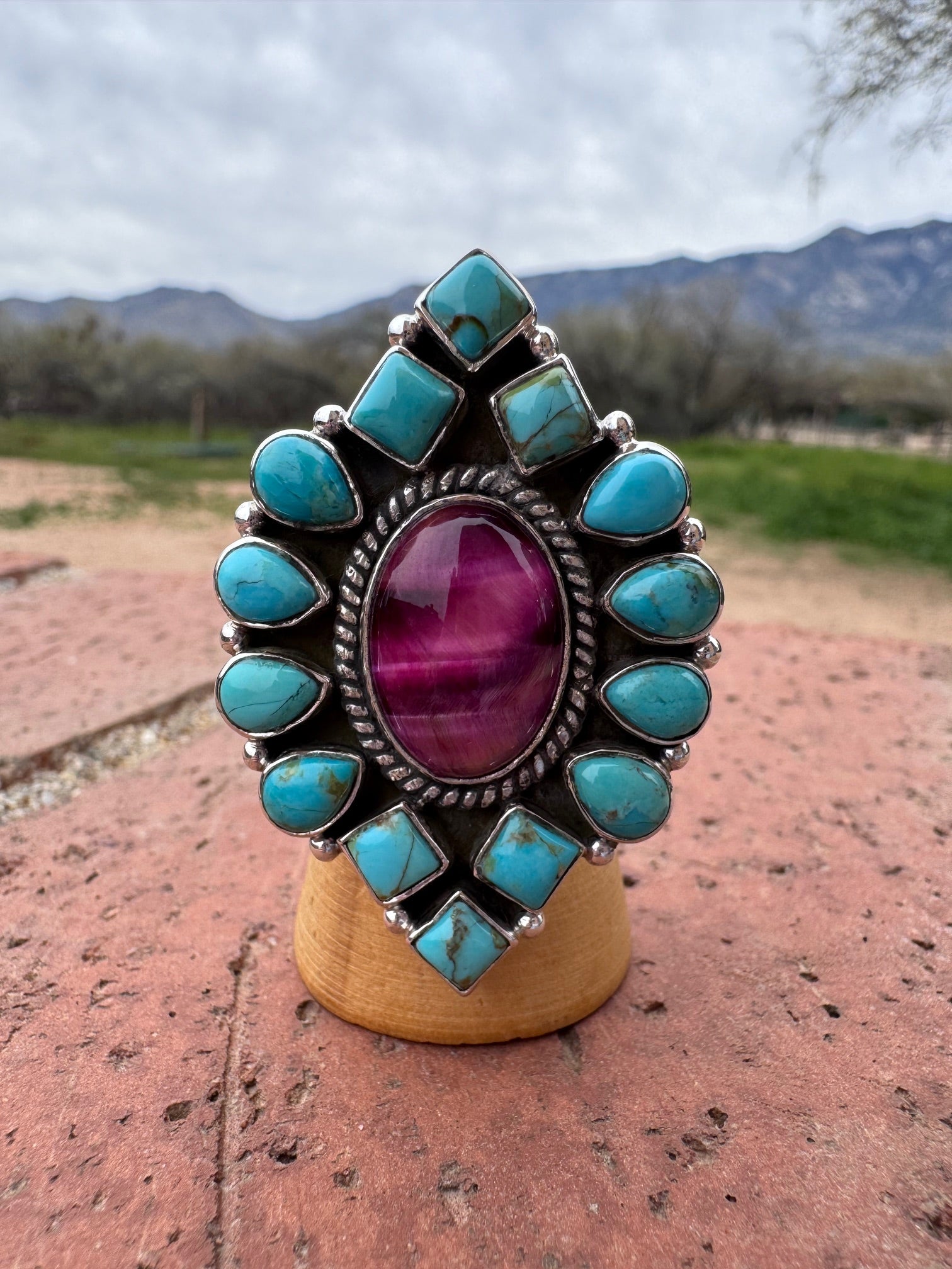 Beautiful Handmade Turquoise, Pink Tigers Eye And Sterling Silver Adjustable Ring Signed Nizhoni