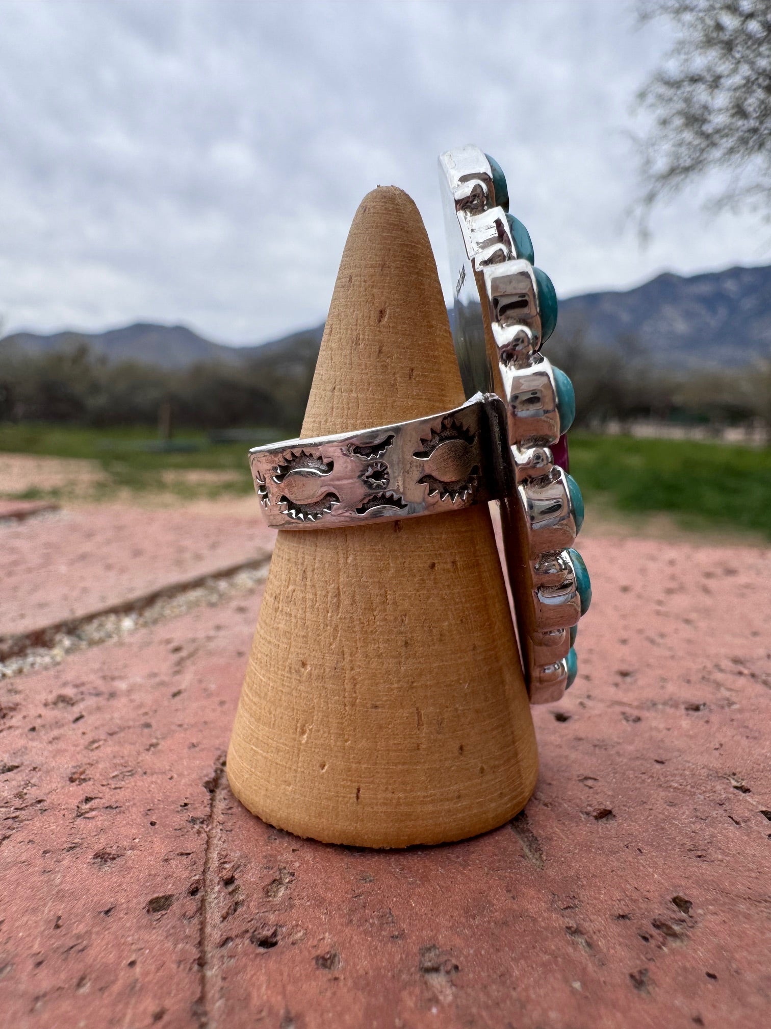 Beautiful Handmade Turquoise, Pink Tigers Eye And Sterling Silver Adjustable Ring Signed Nizhoni