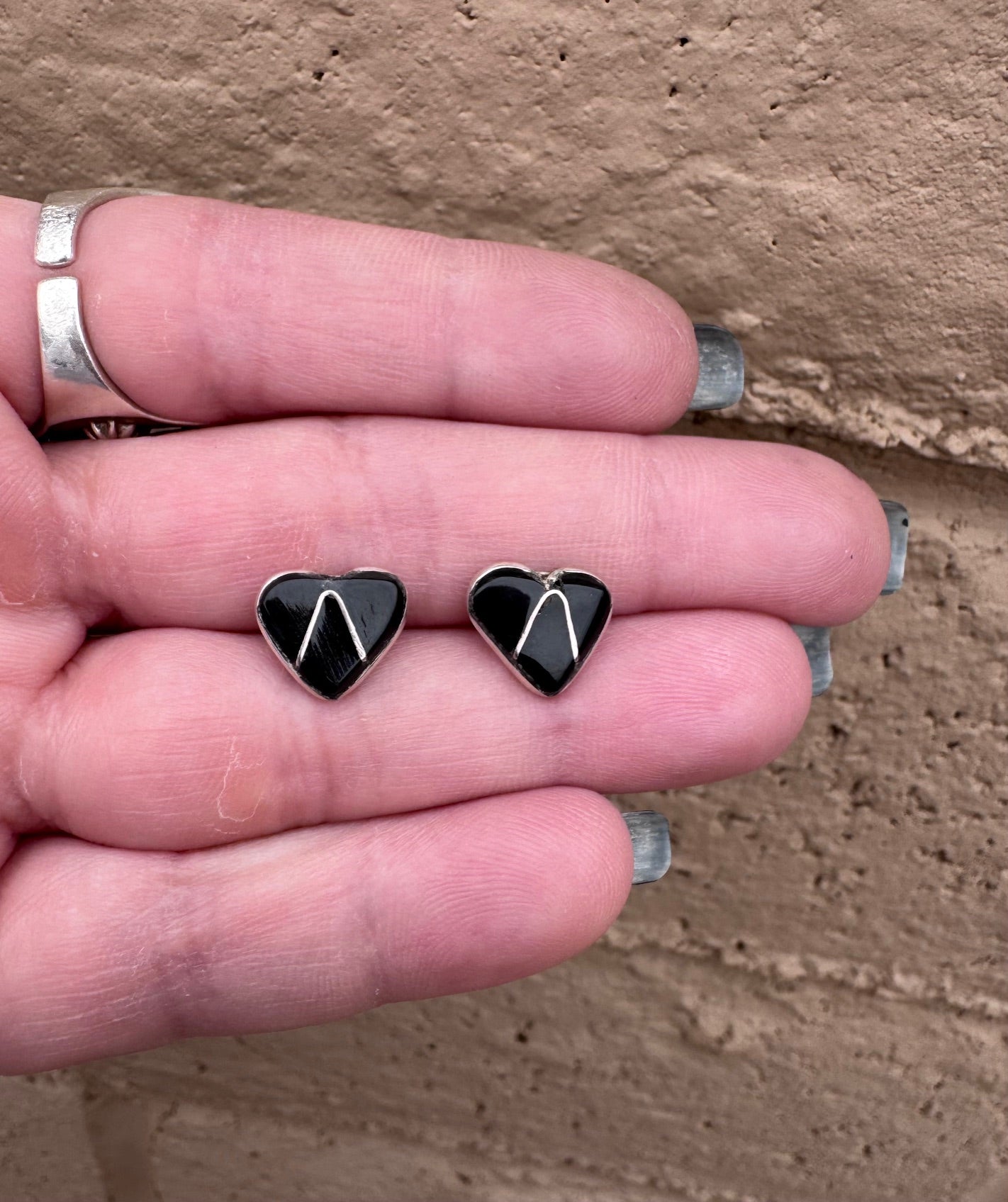 Handcrafted Sterling Silver & Black Onyx Inlay Stud Heart Earrings
