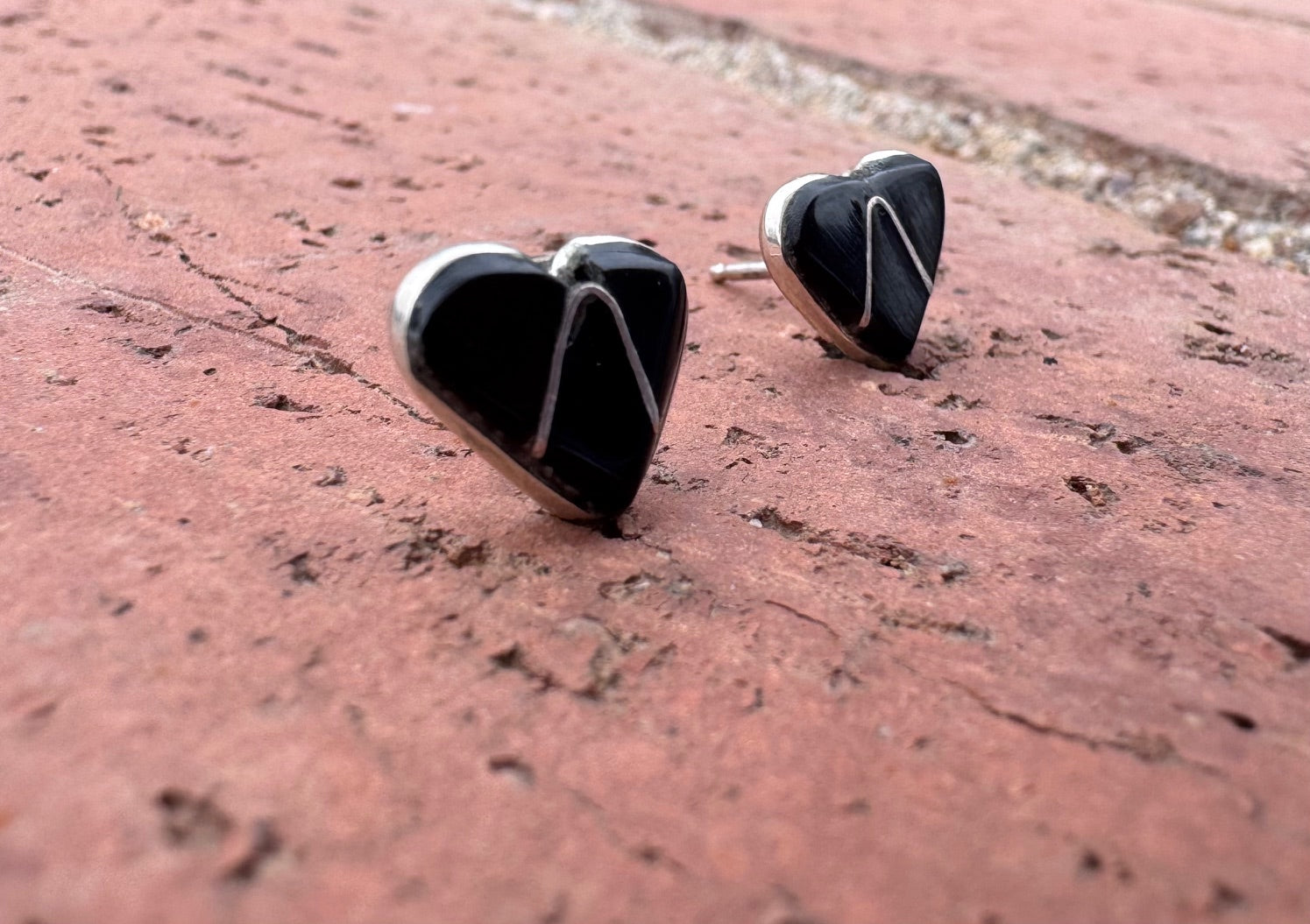 Handcrafted Sterling Silver & Black Onyx Inlay Stud Heart Earrings