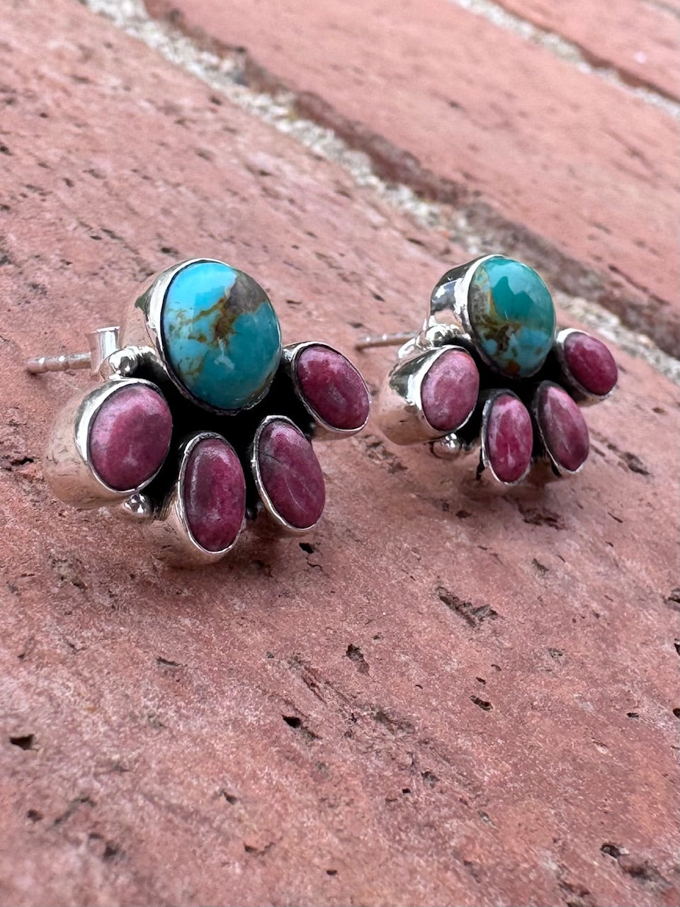 Handmade Sterling Silver, Kingman Turquoise & Rhodochrosite Stone Post Crescent Earrings