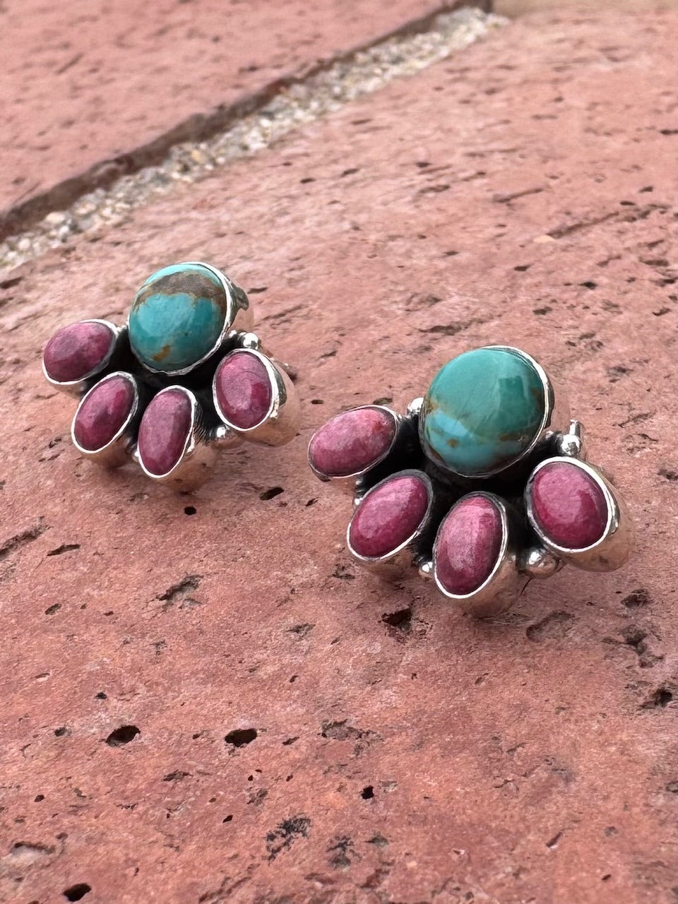 Handmade Sterling Silver, Kingman Turquoise & Rhodochrosite Stone Post Crescent Earrings