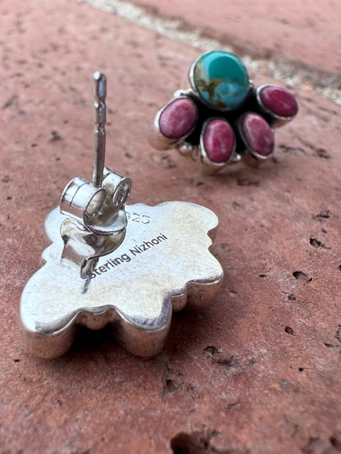 Handmade Sterling Silver, Kingman Turquoise & Rhodochrosite Stone Post Crescent Earrings