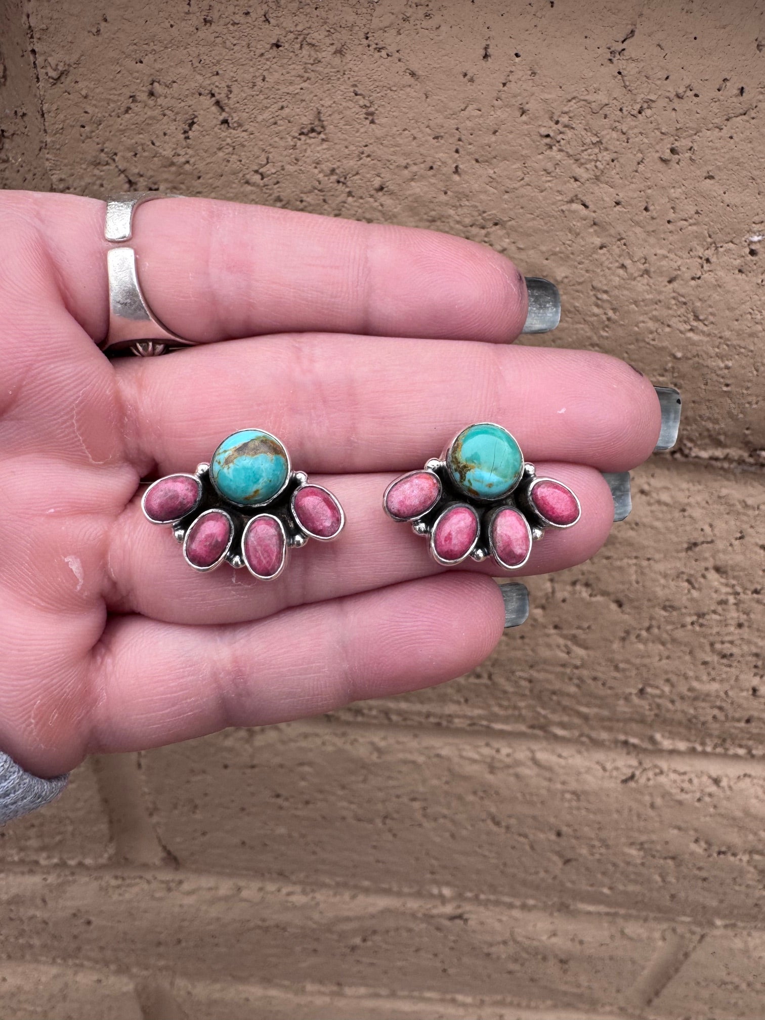 Handmade Sterling Silver, Kingman Turquoise & Rhodochrosite Stone Post Crescent Earrings