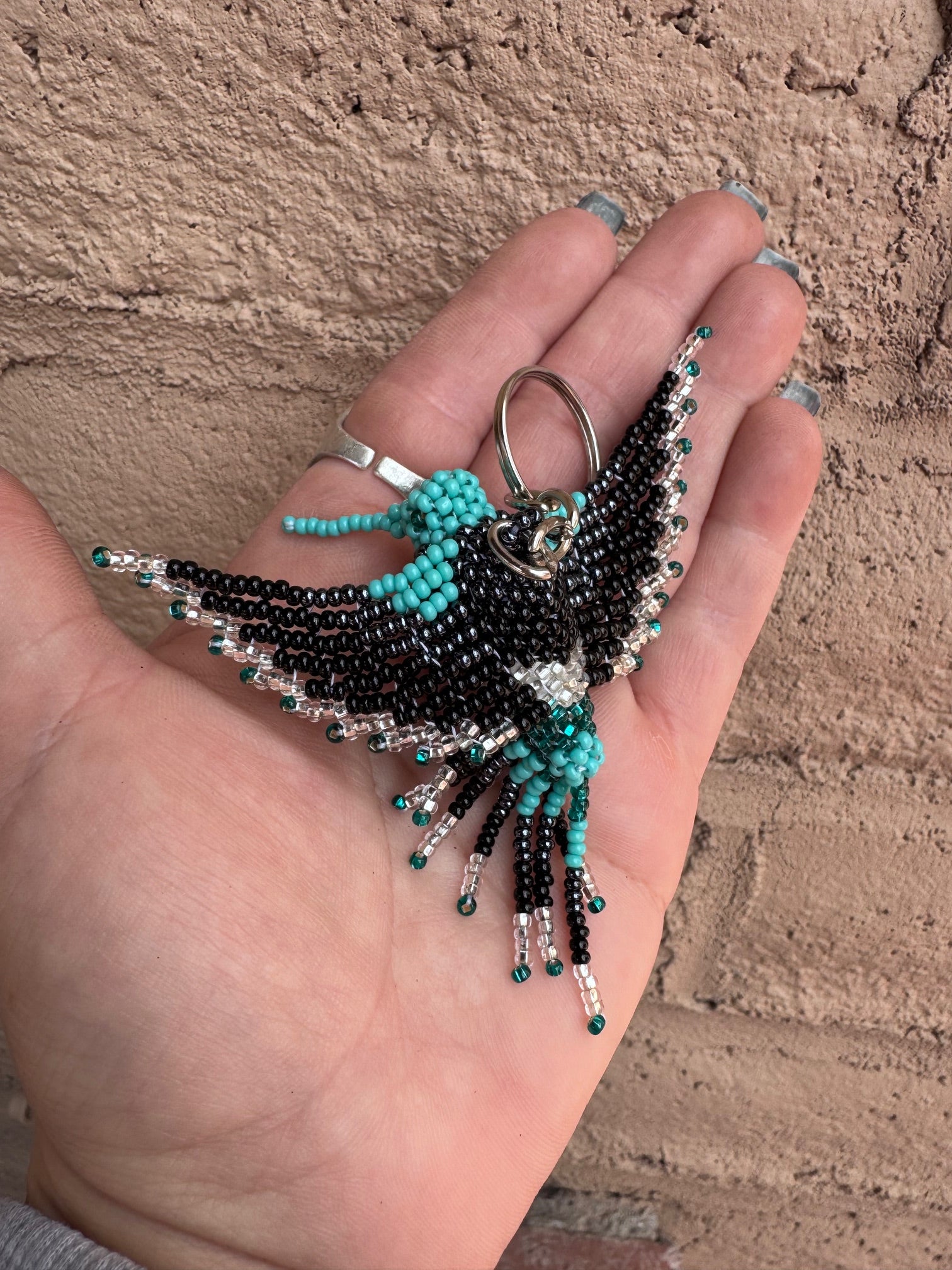 Handmade Beaded Black & Blue Hummingbird Keychain
