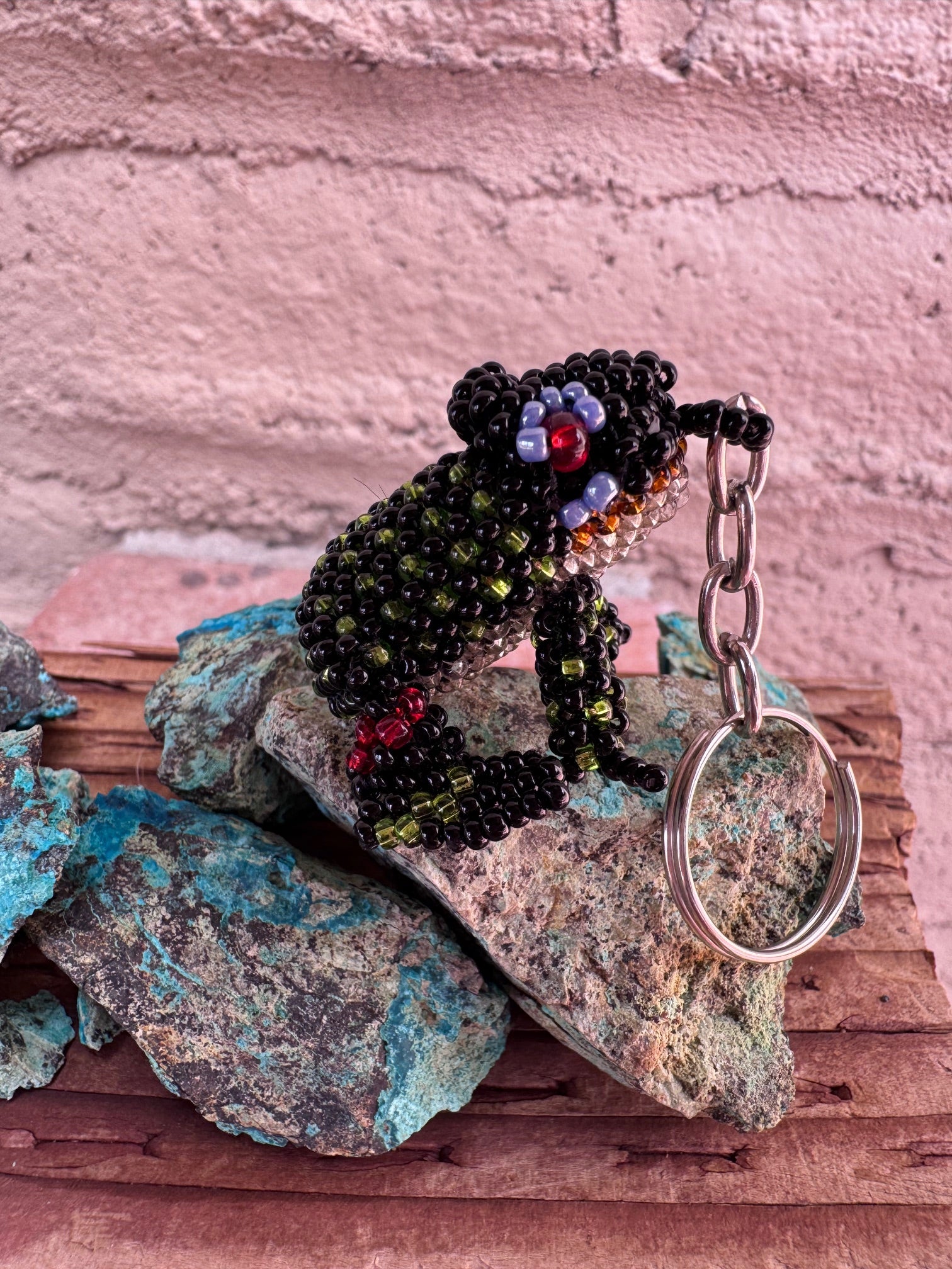Handmade Beaded Black Frog Keychain