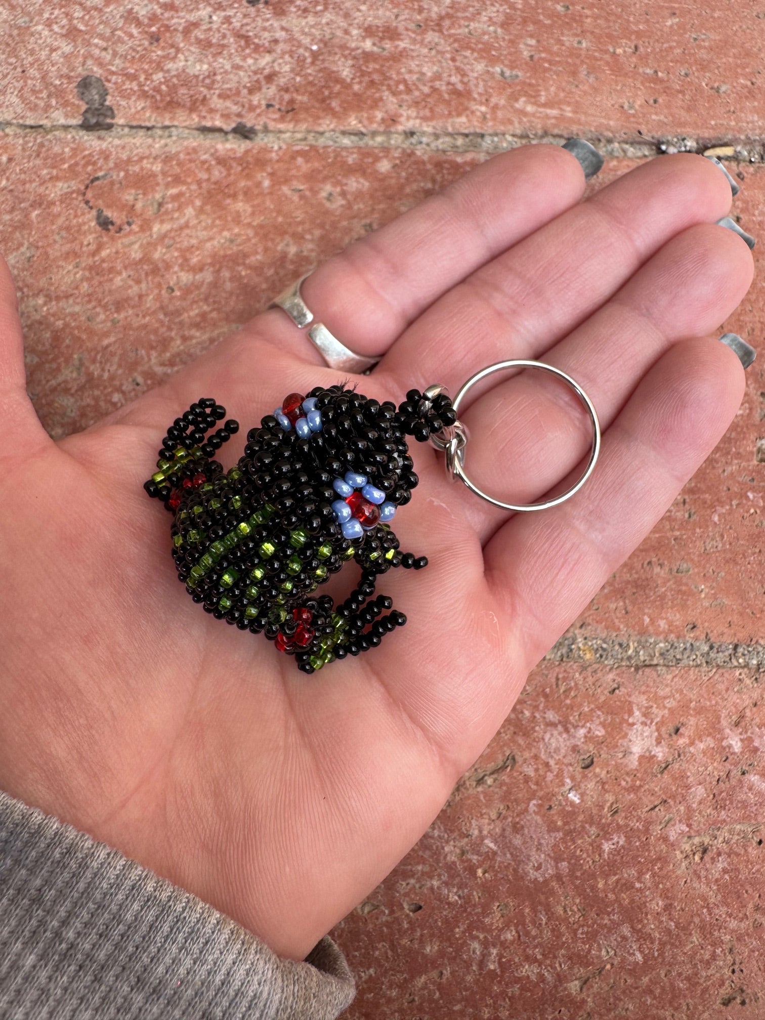 Handmade Beaded Black Frog Keychain