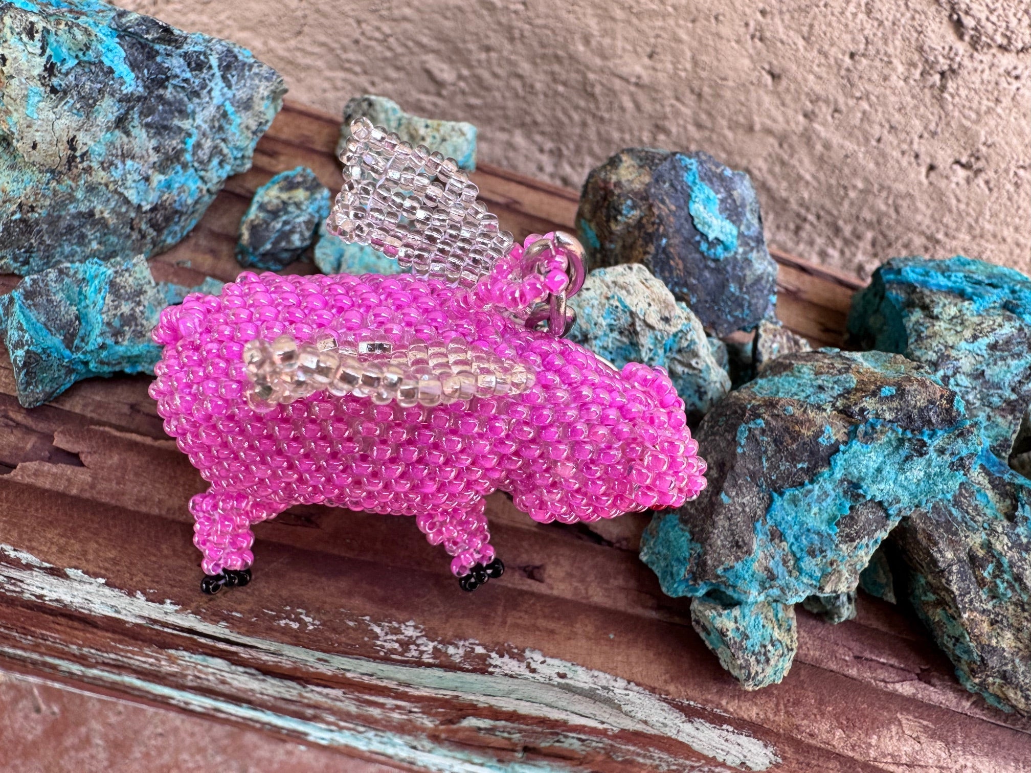 Handmade Beaded Pink Flying Pig Keychain