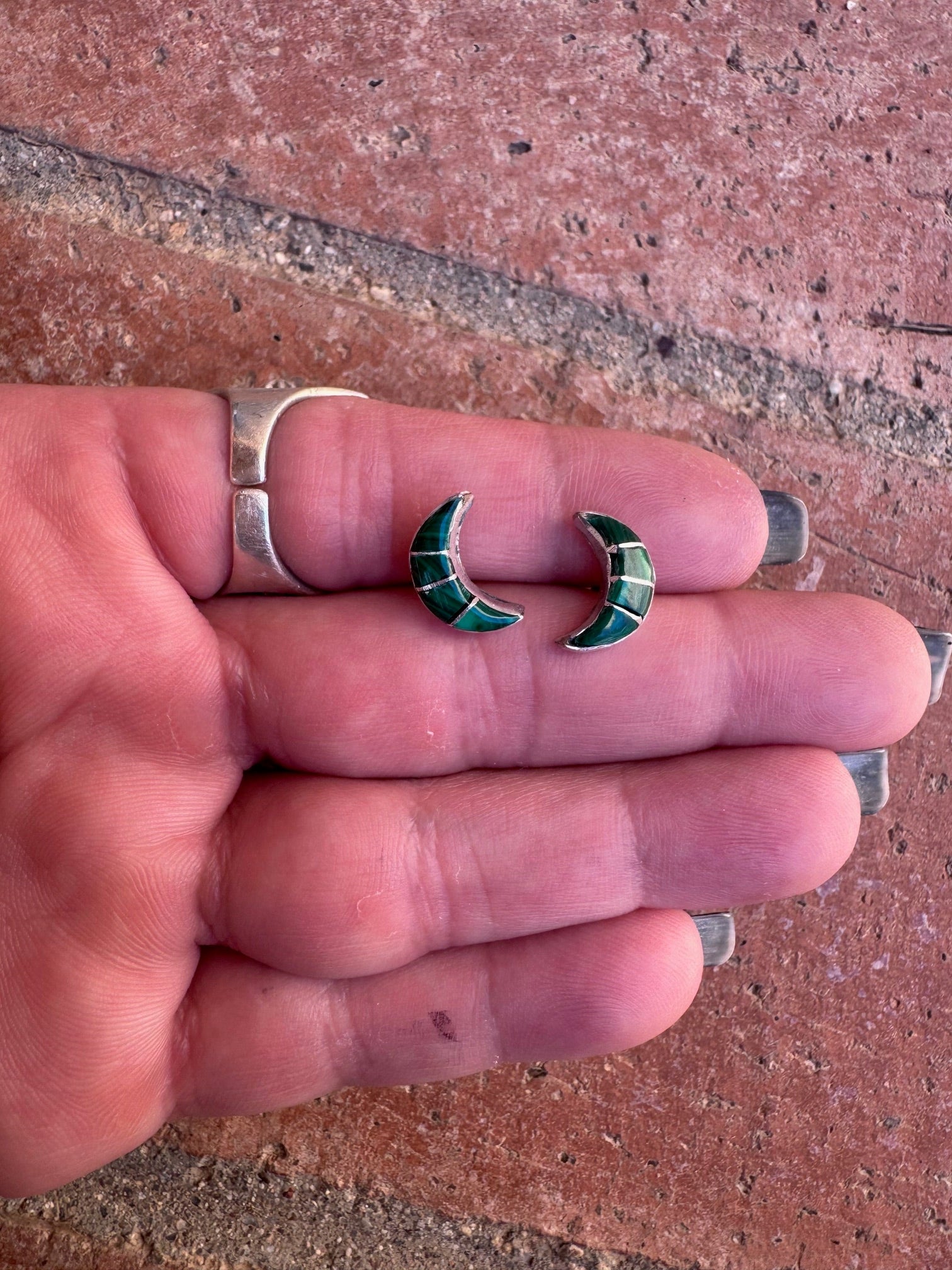 Handcrafted Sterling Silver & Malachite Inlay Moon Stud Earrings
