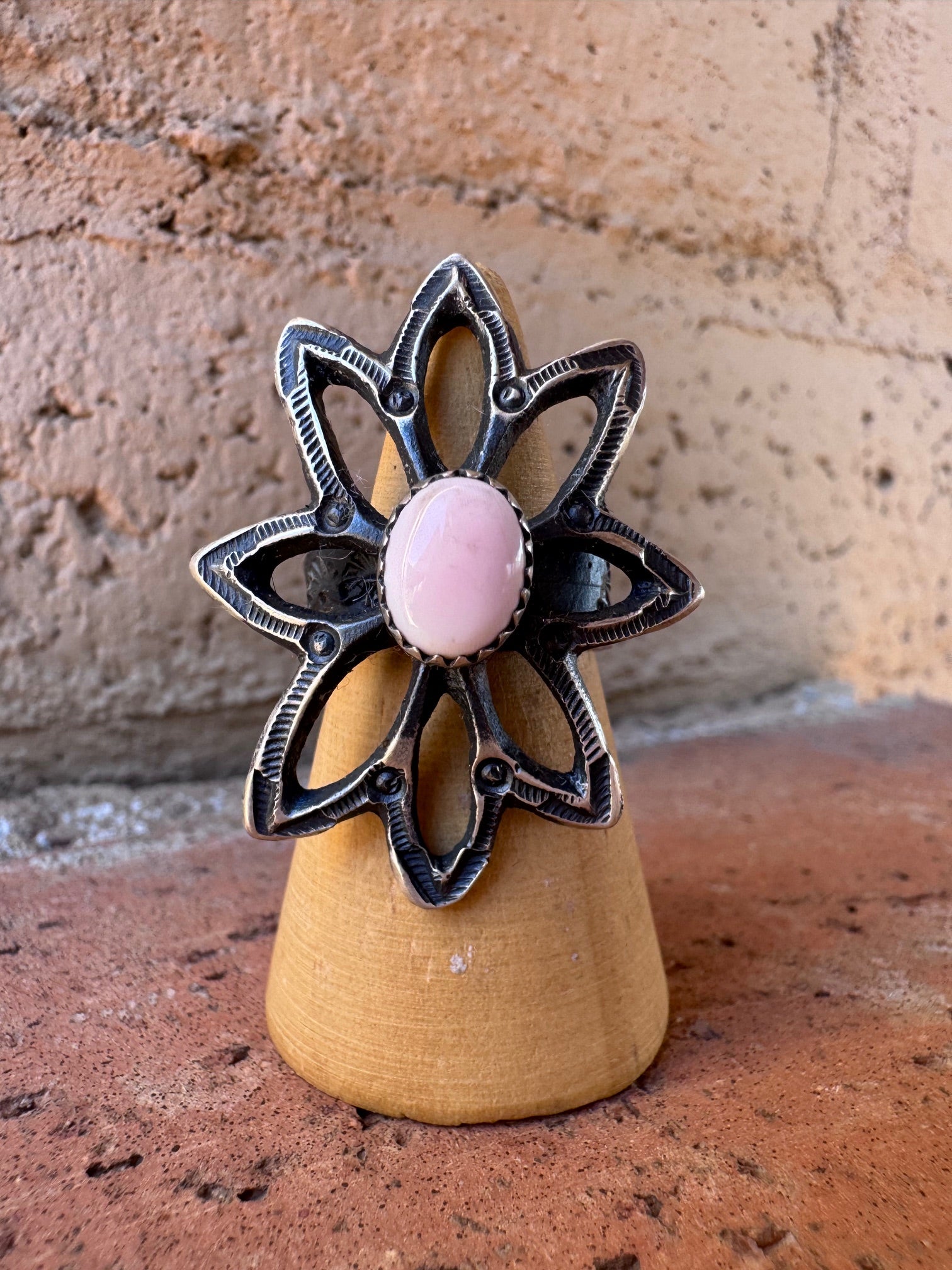 Handcrafted Queen Pink Conch & Sterling Silver Adjustable Flower Ring by Kevin Billah