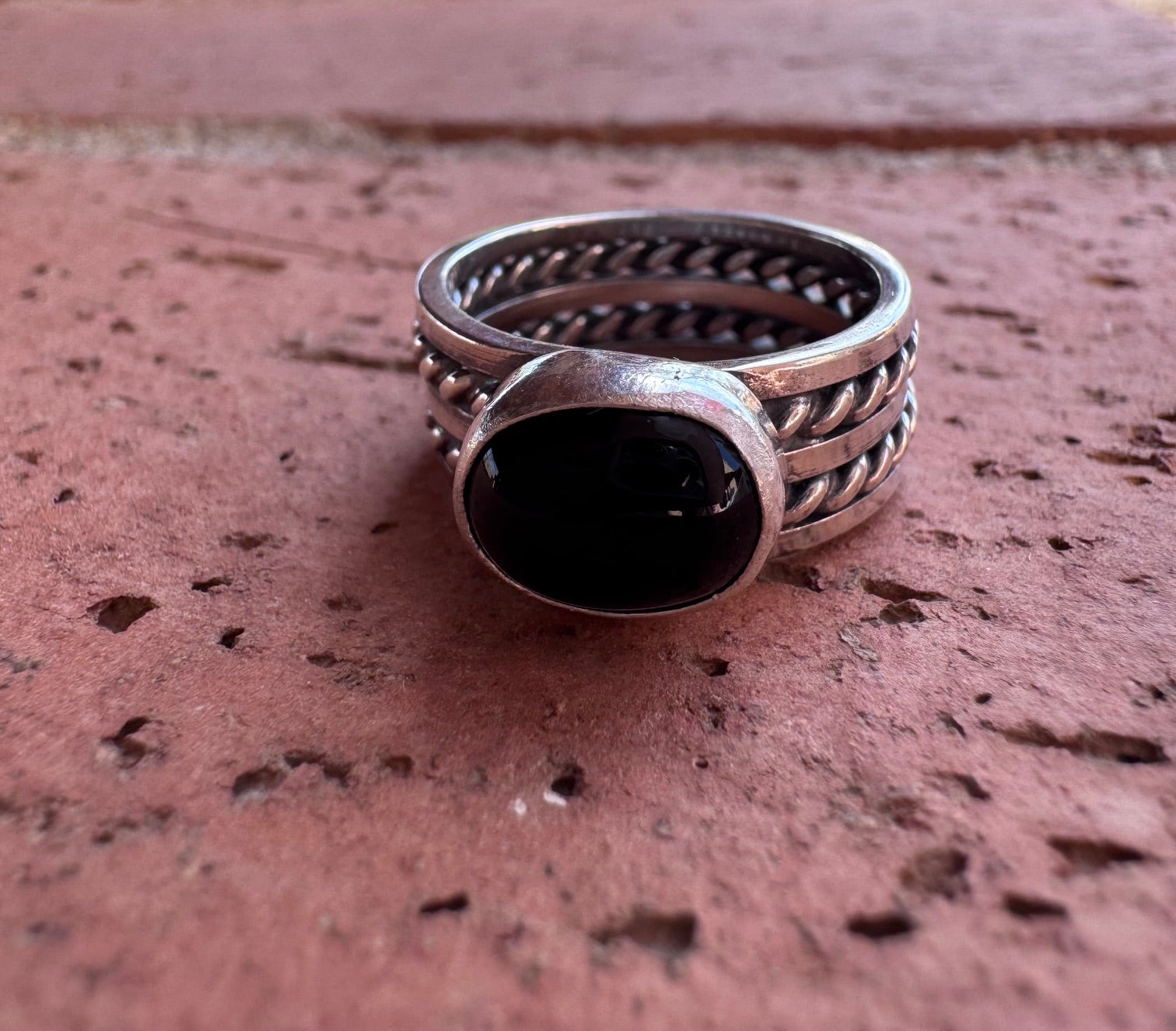 Handcrafted Black Onyx & Sterling Silver Band Ring