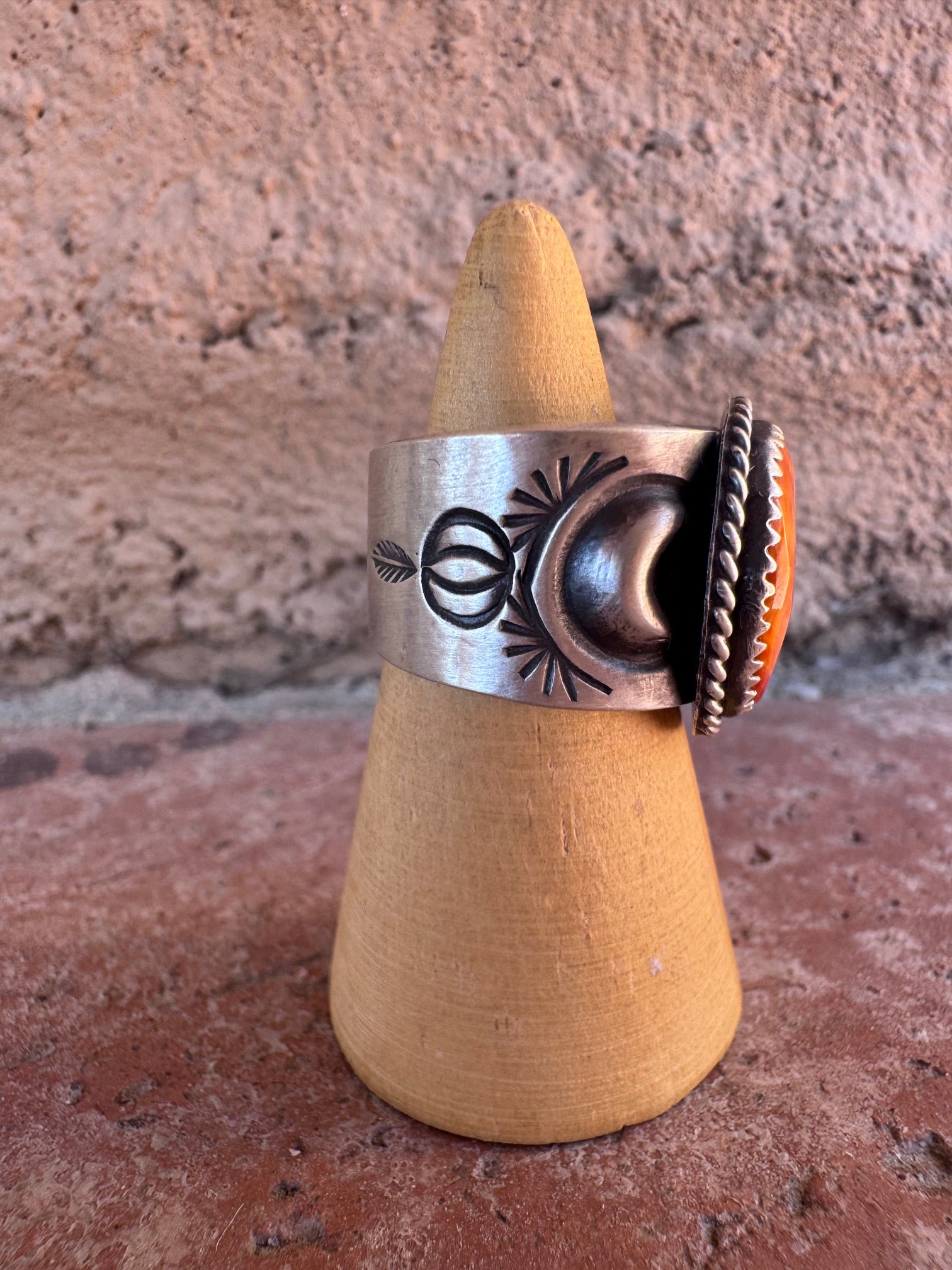 Handcrafted Sterling Silver And Orange Spiny Round Ring Size 8