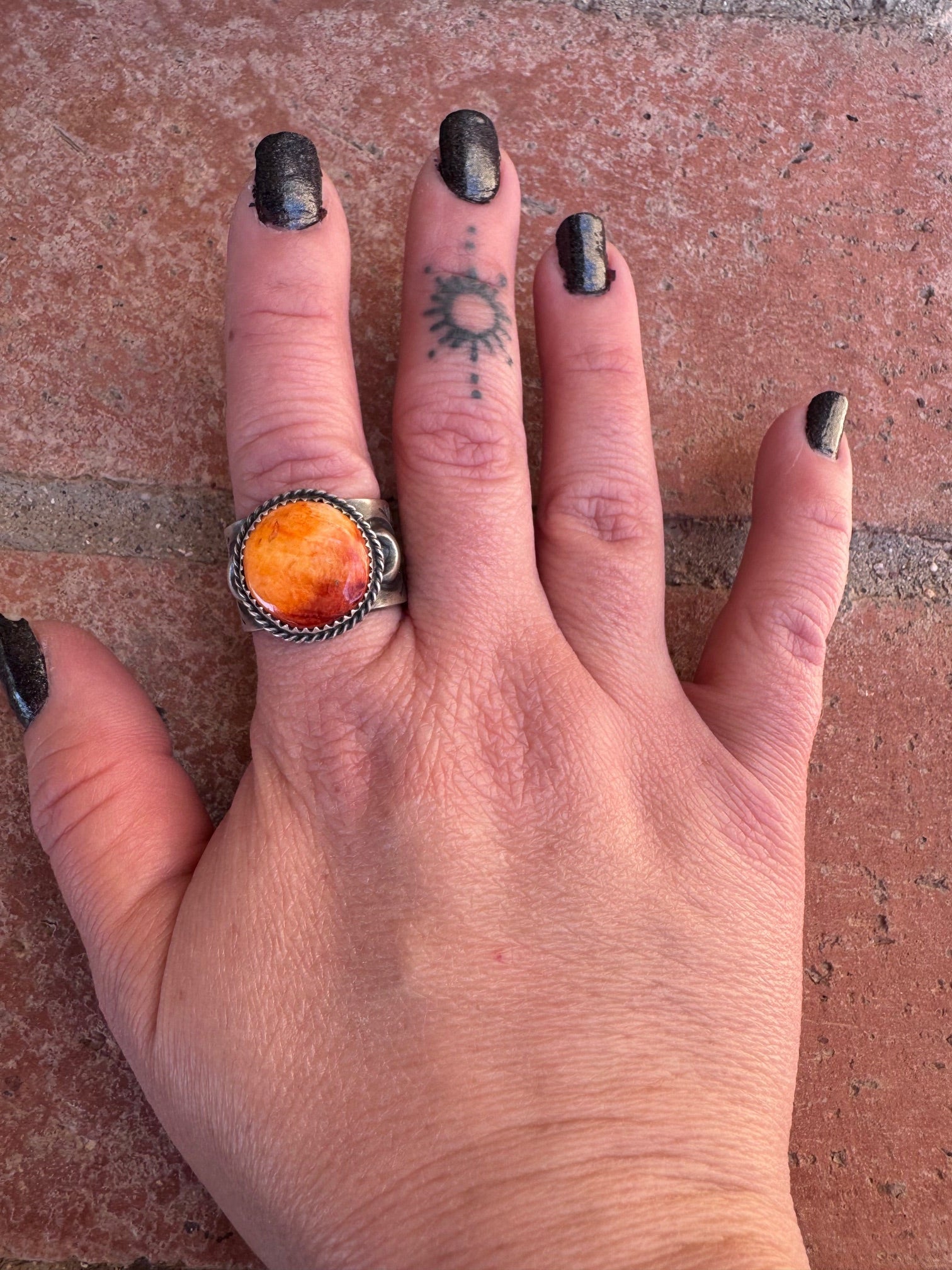 Handcrafted Sterling Silver And Orange Spiny Round Ring Size 8