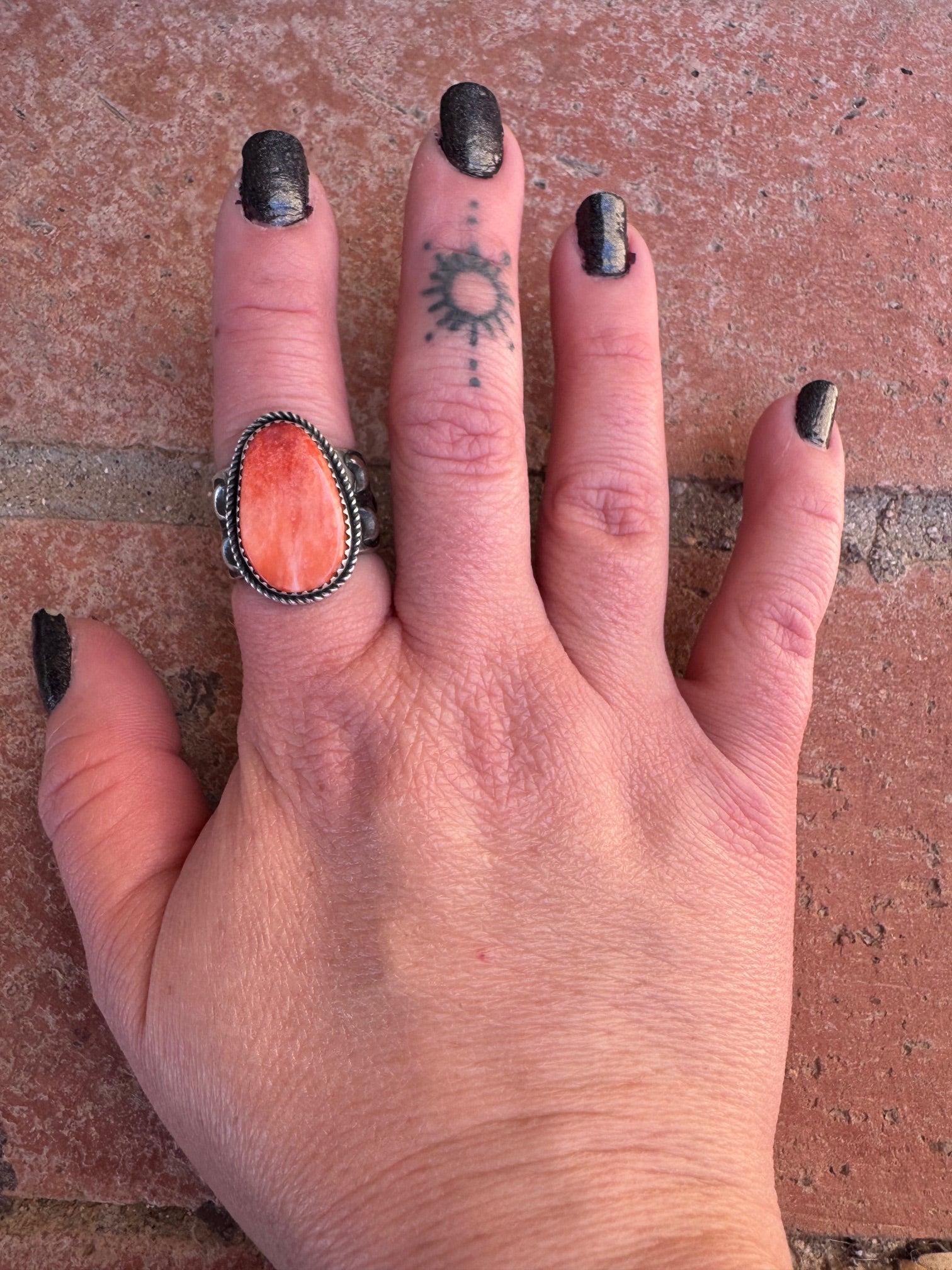 Handcrafted Sterling Silver And Orange Spiny TearDrop Ring Size 6.5