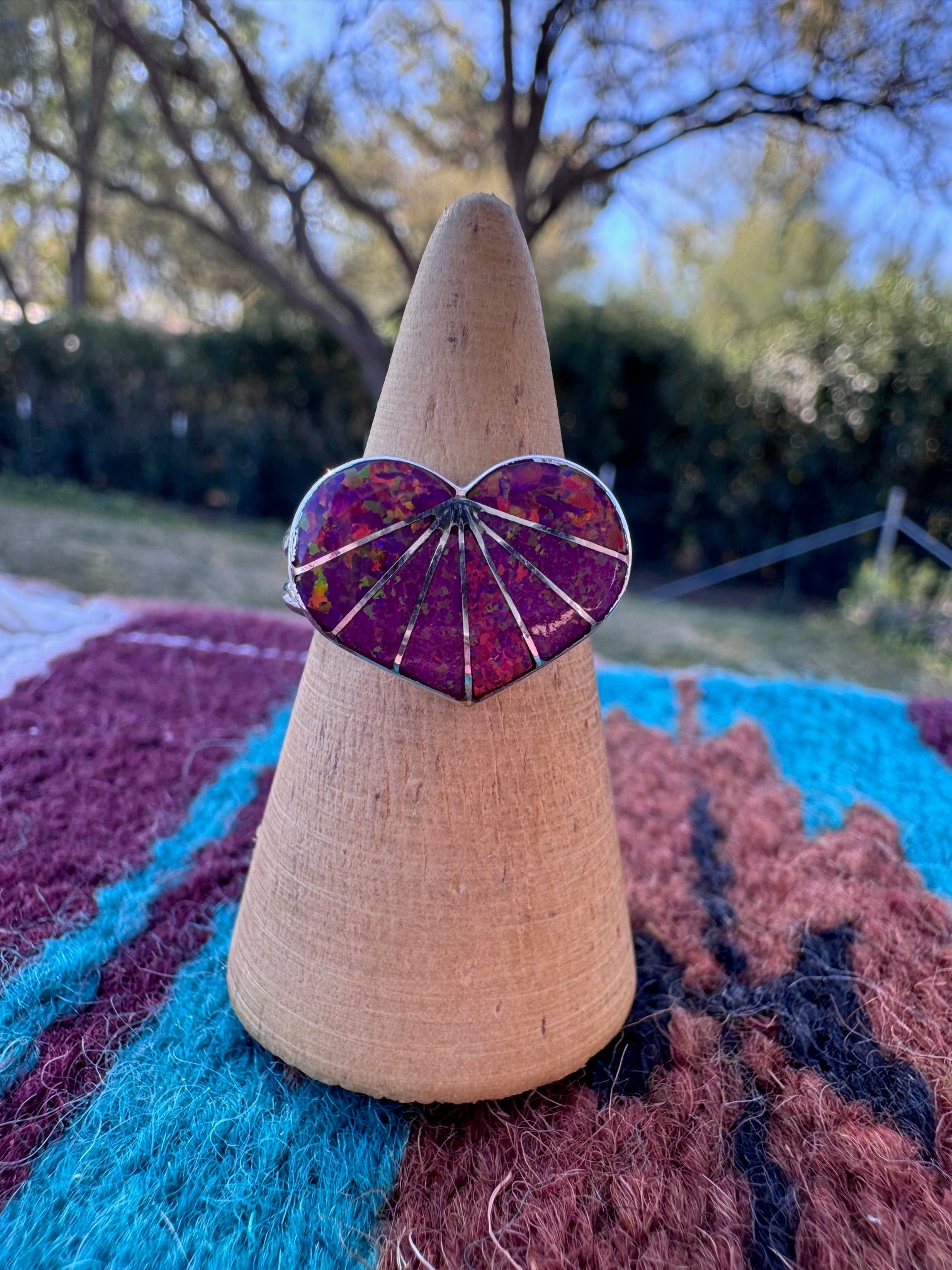 Handcrafted Sterling Silver & Mauve Fire Opal Inlay Heart Ring size 8