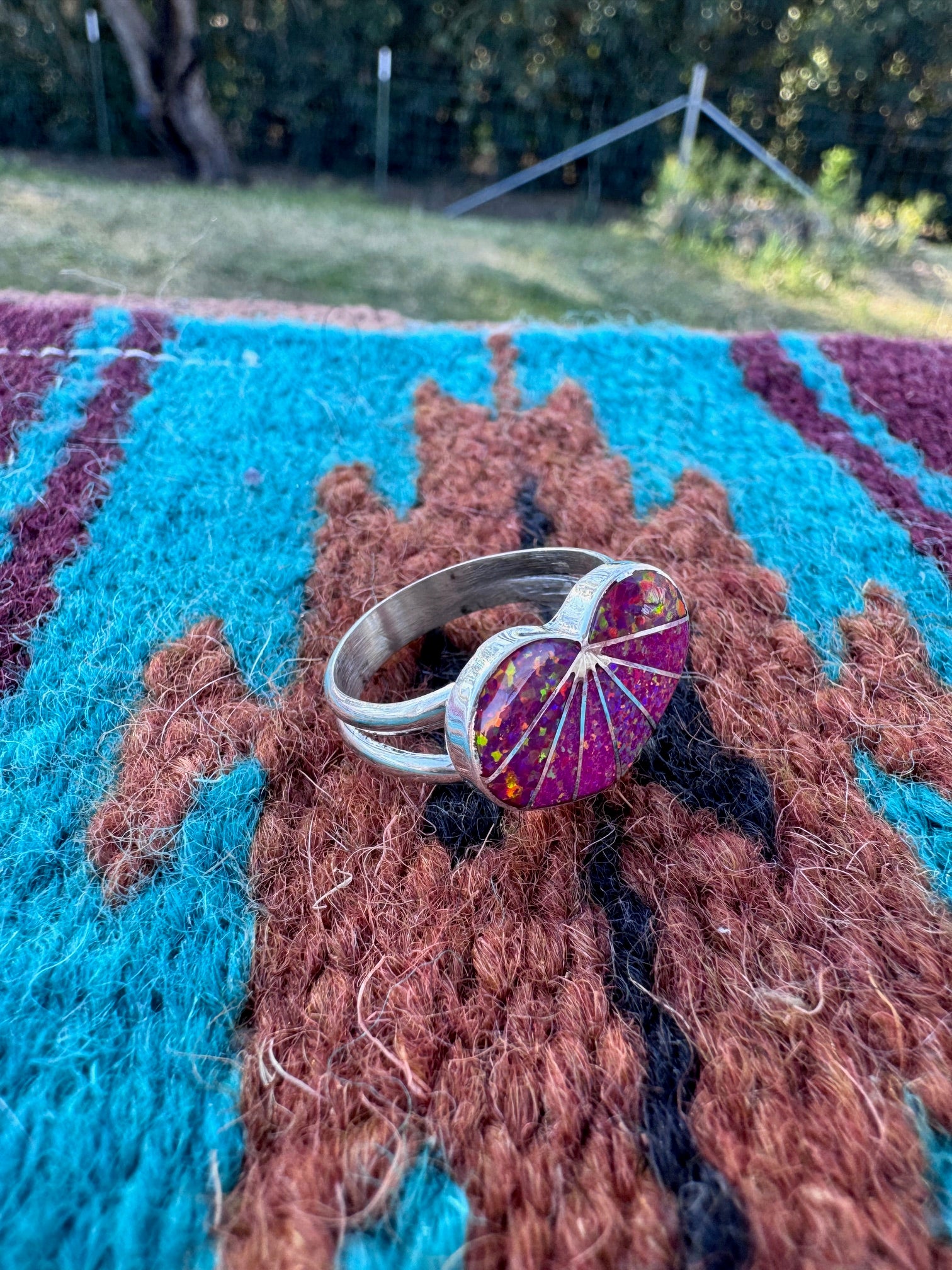 Handcrafted Sterling Silver & Mauve Fire Opal Inlay Heart Ring size 8