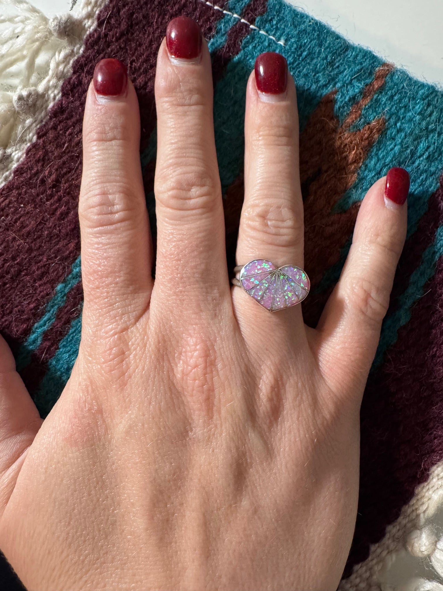 Handcrafted Sterling Silver & Pink Fire Opal Inlay Heart Ring