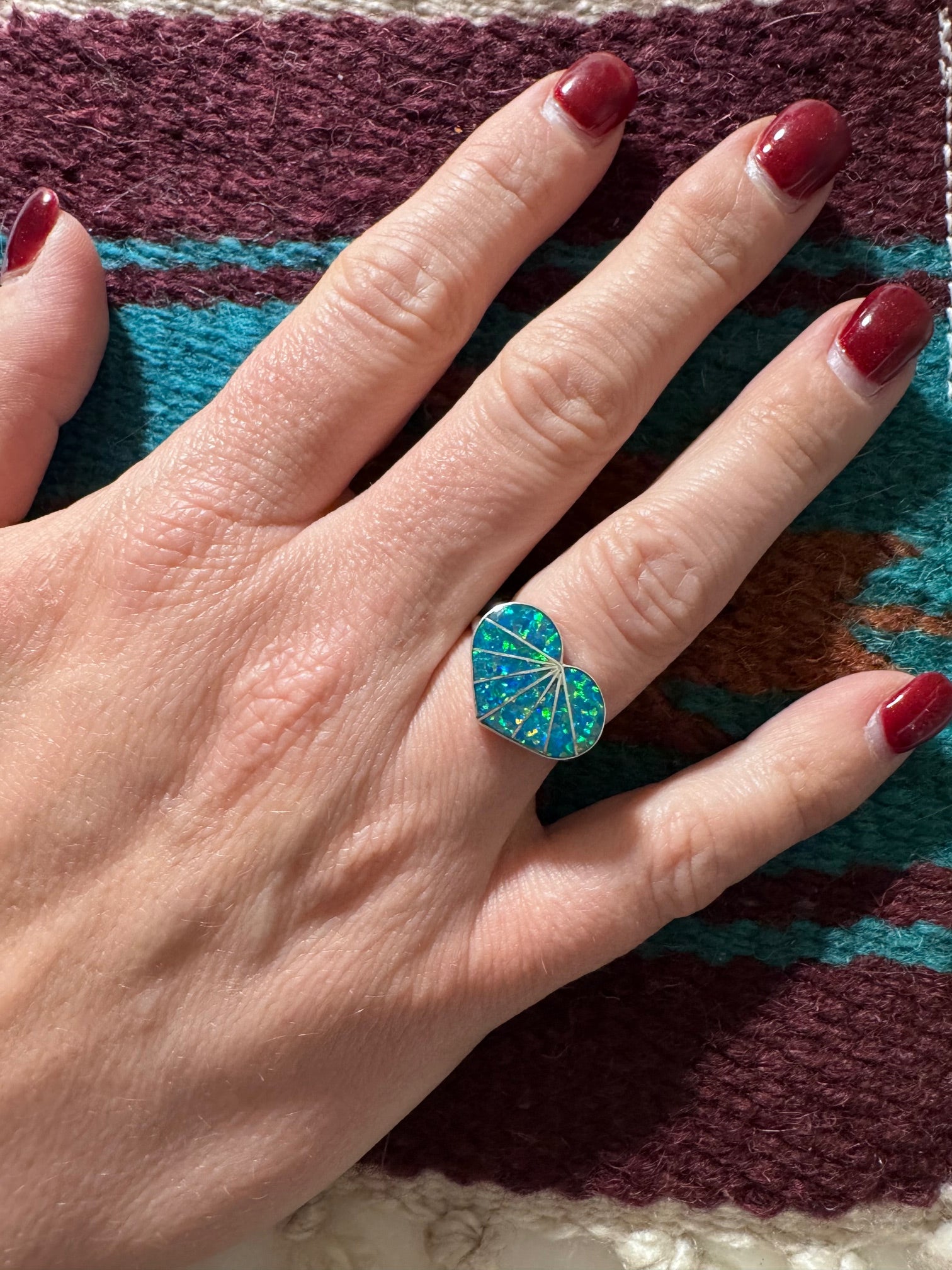 Handcrafted Sterling Silver & Green Fire Opal Inlay Heart Ring