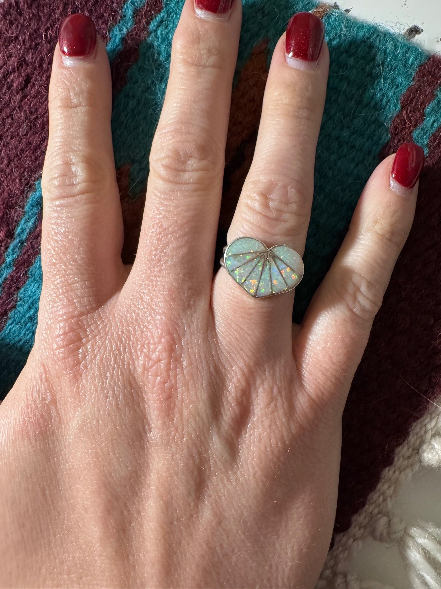 Handcrafted Sterling Silver & White Fire Opal Inlay Heart Ring