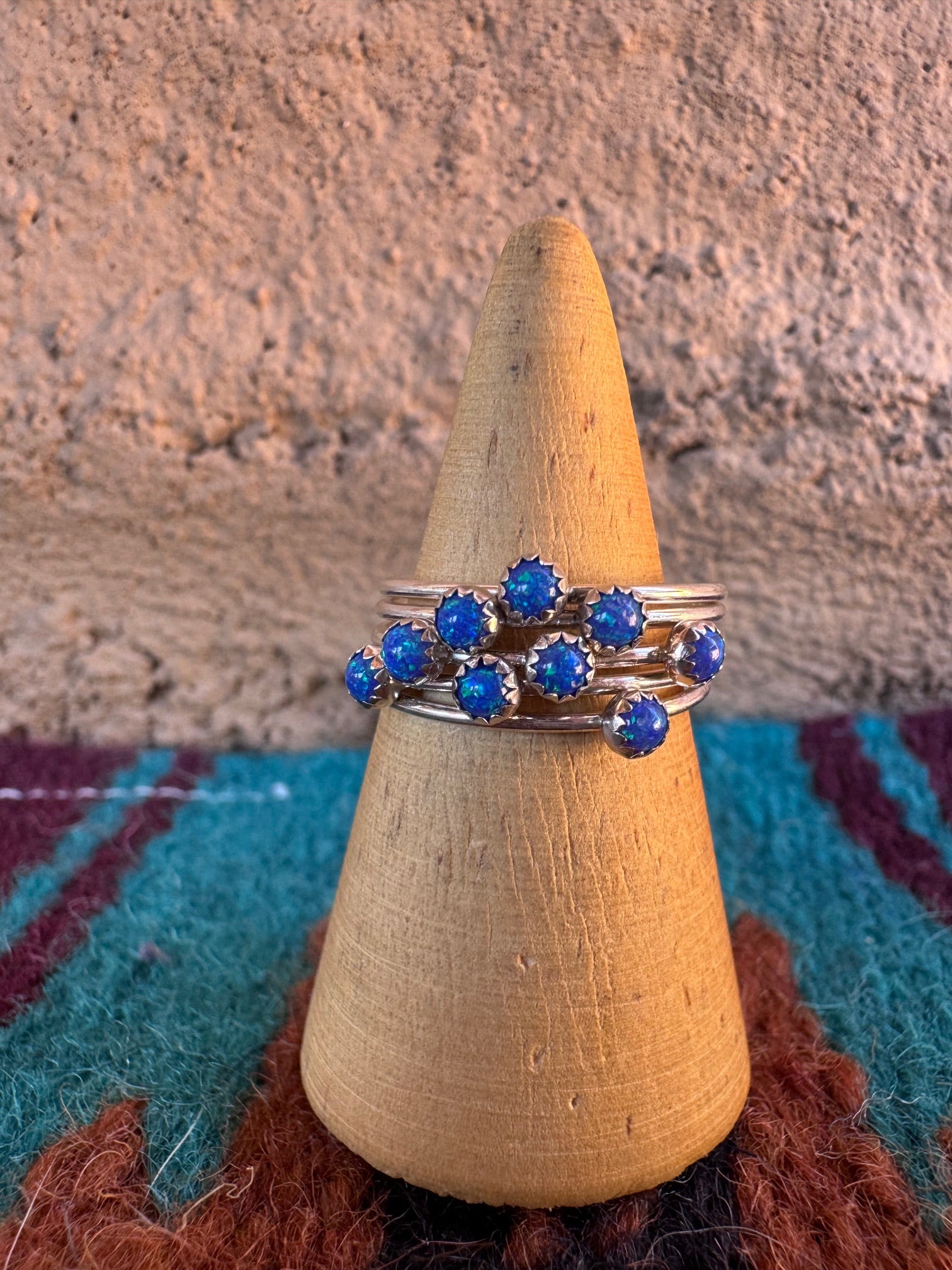 Handcrafted Sterling Silver & Blue Fire Opal 5 Stacker Ring Size 7.5