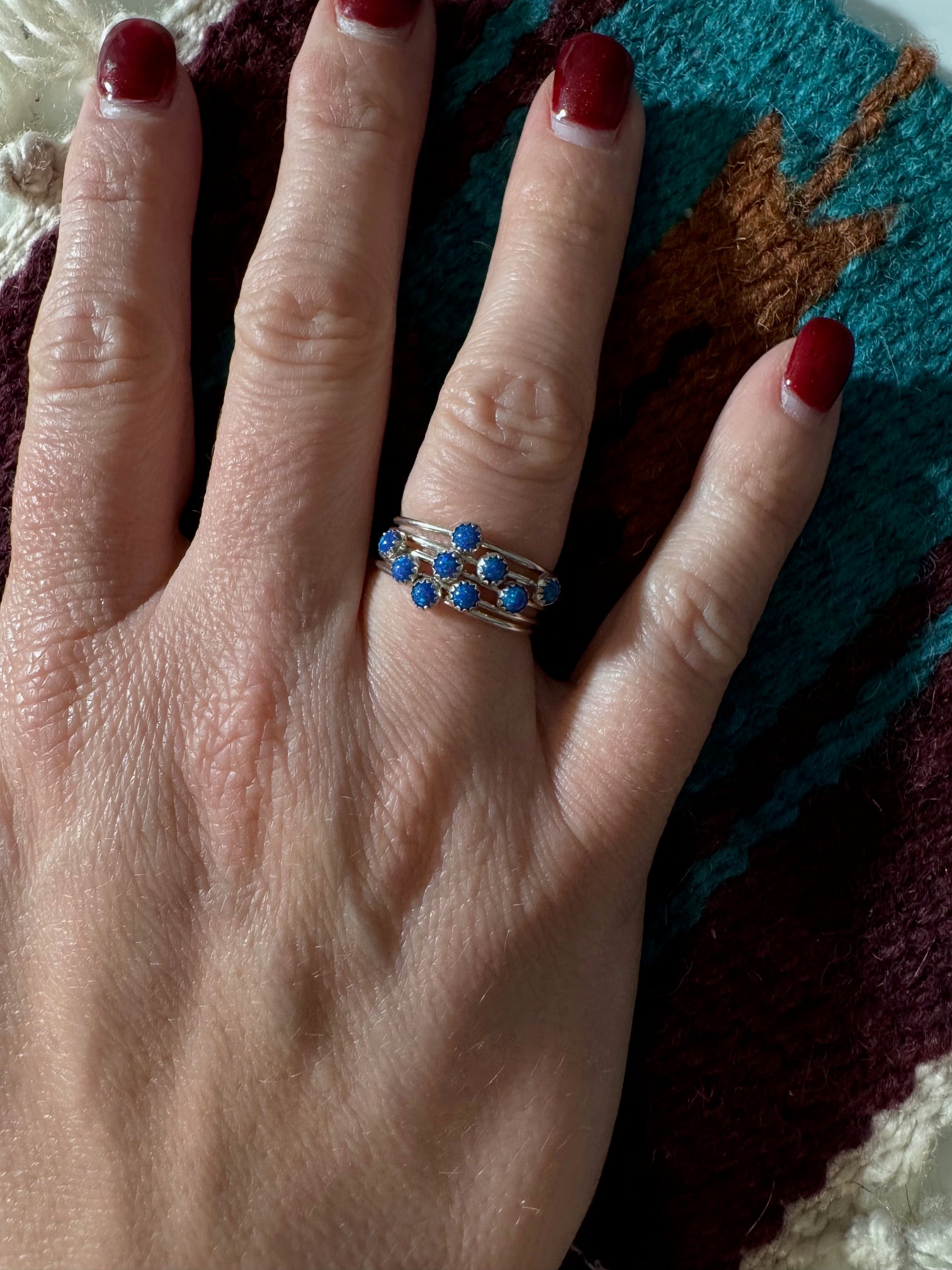 Handcrafted Sterling Silver & Blue Fire Opal 5 Stacker Ring Size 7.5