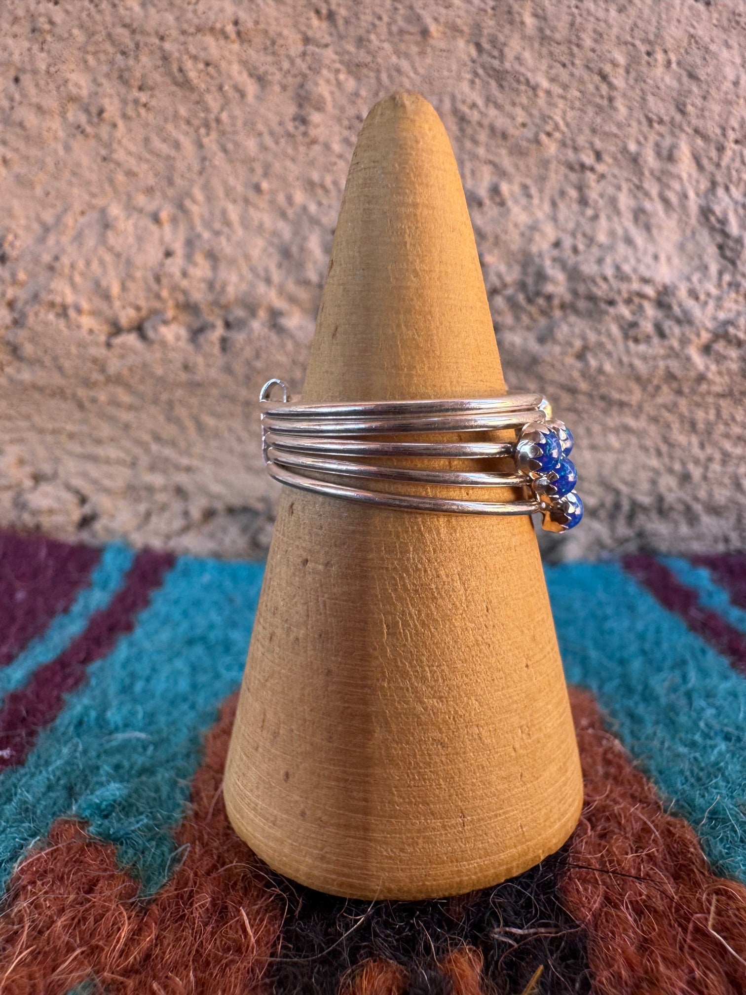 Handcrafted Sterling Silver & Royal Blue Fire Opal 5 Stacker Ring Size 7.5