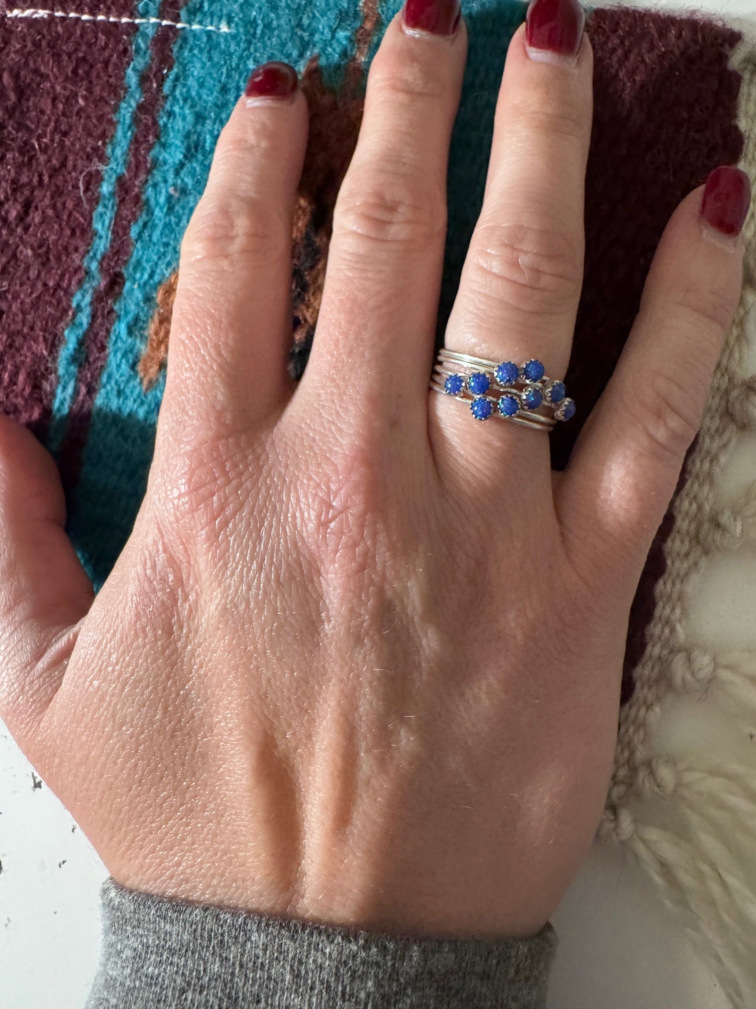 Handcrafted Sterling Silver & Royal Blue Fire Opal 5 Stacker Ring Size 7.5