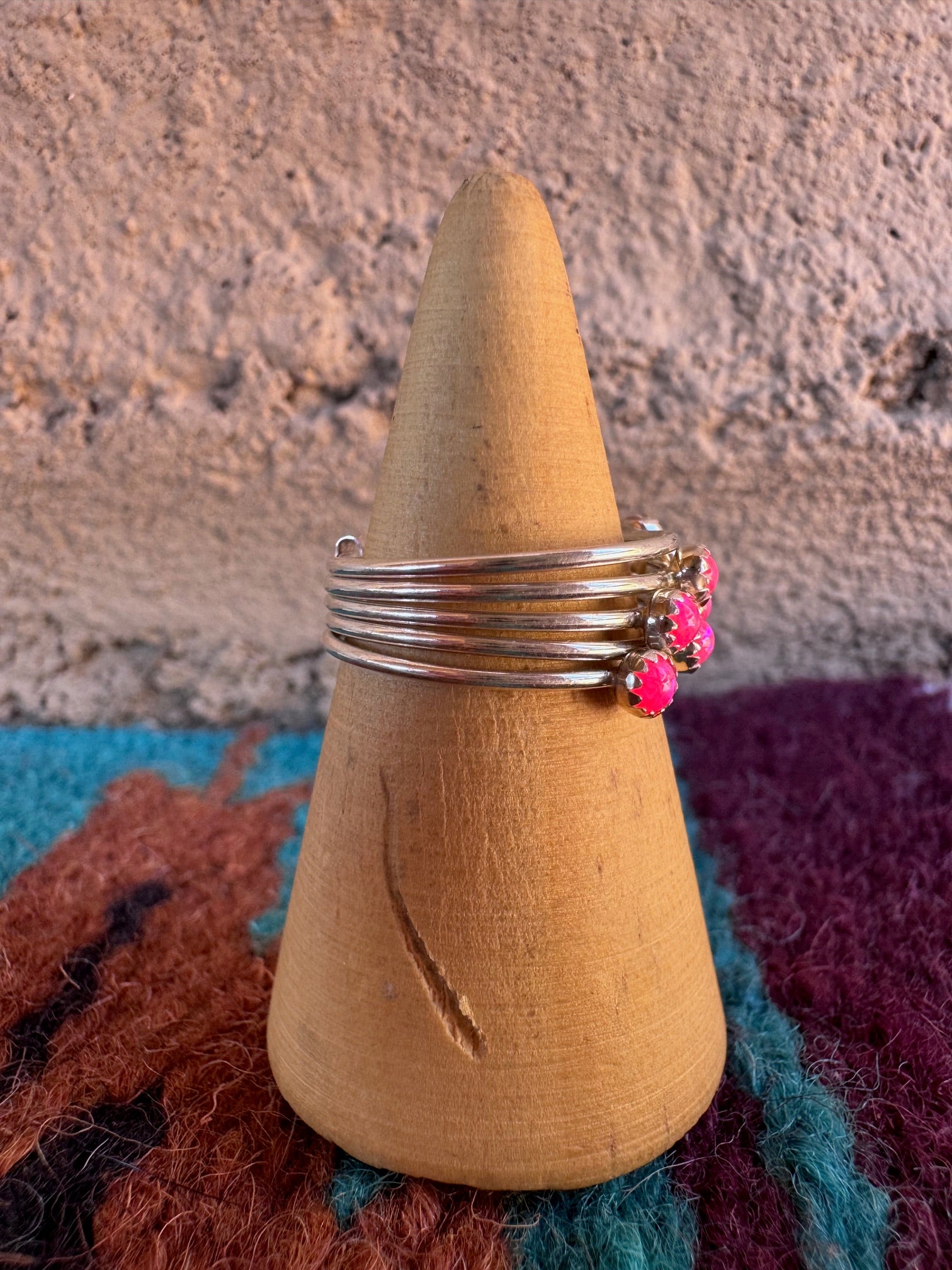 Handcrafted Sterling Silver & Hot Pink Fire Opal 5 Stacker Ring Size 7.5