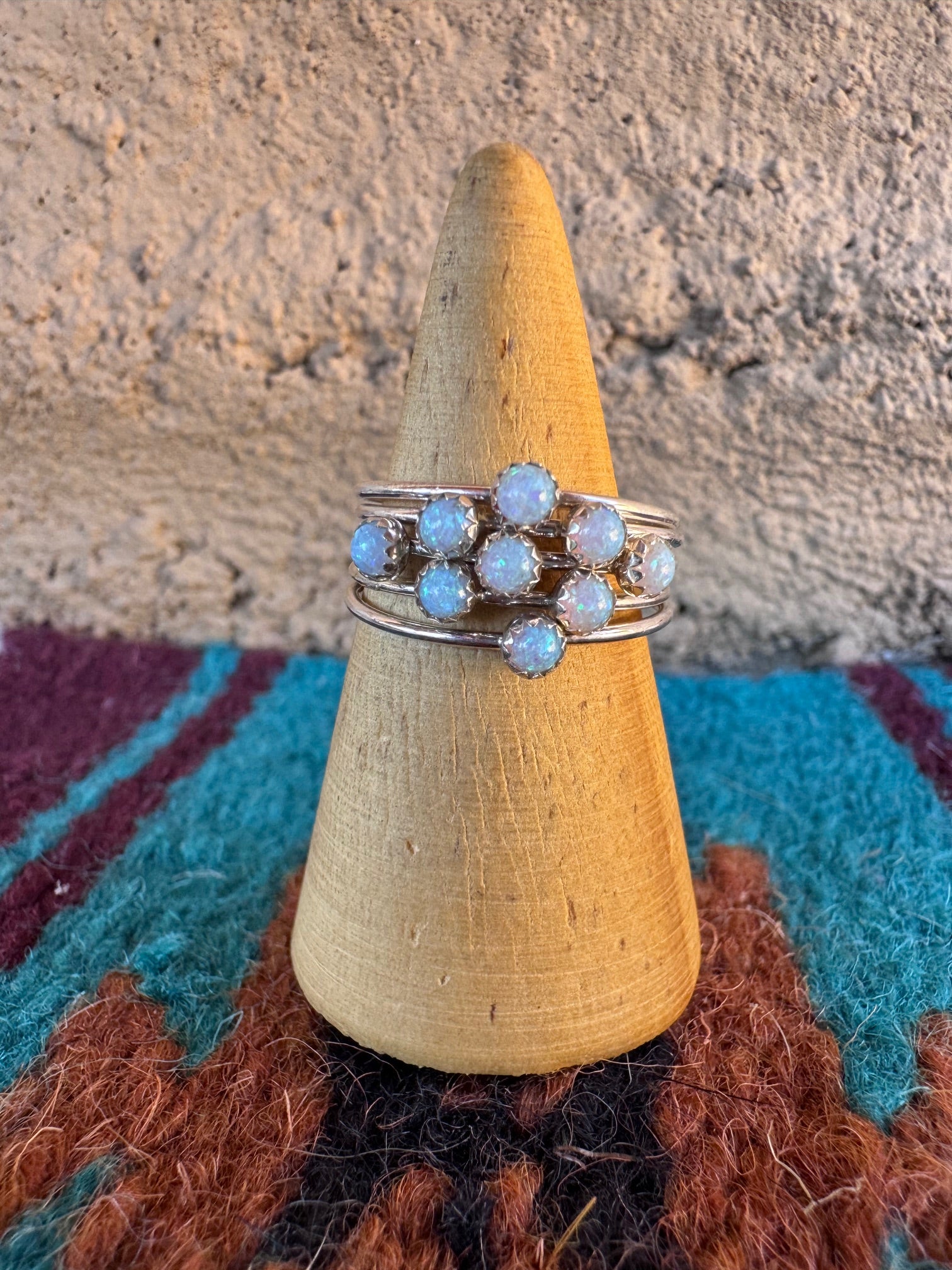 Handcrafted Sterling Silver & Light Blue Fire Opal 5 Stacker Ring Size 7