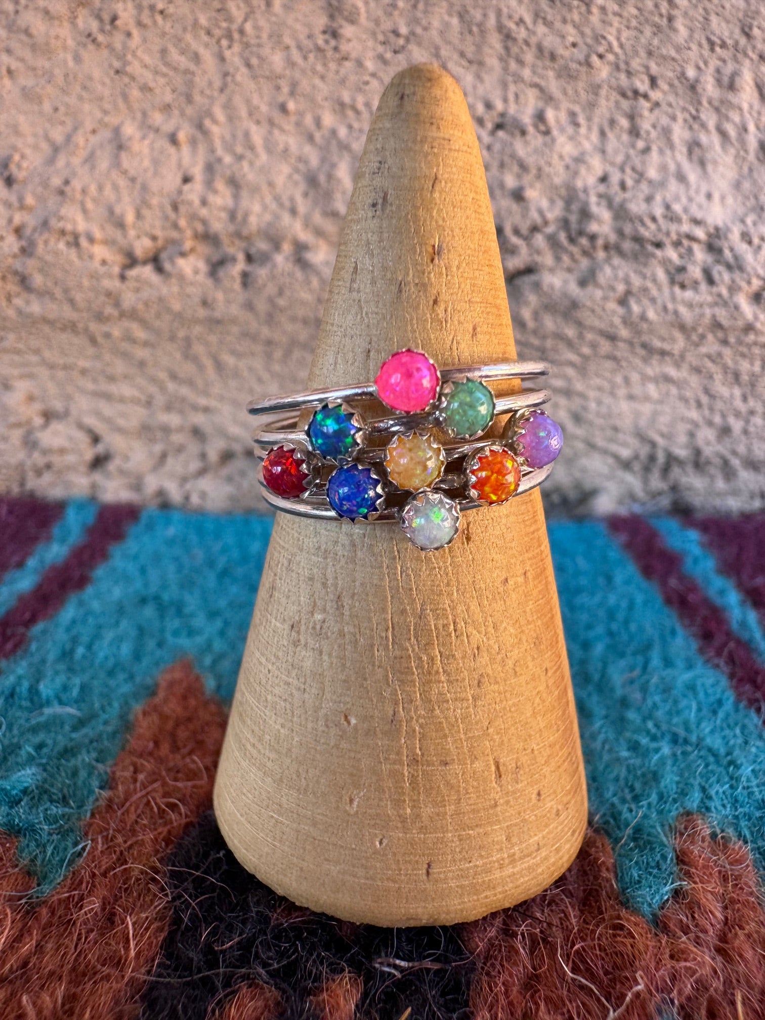 Handcrafted Sterling Silver & Multi Colored Fire Opal 5 Stacker Ring Size 7