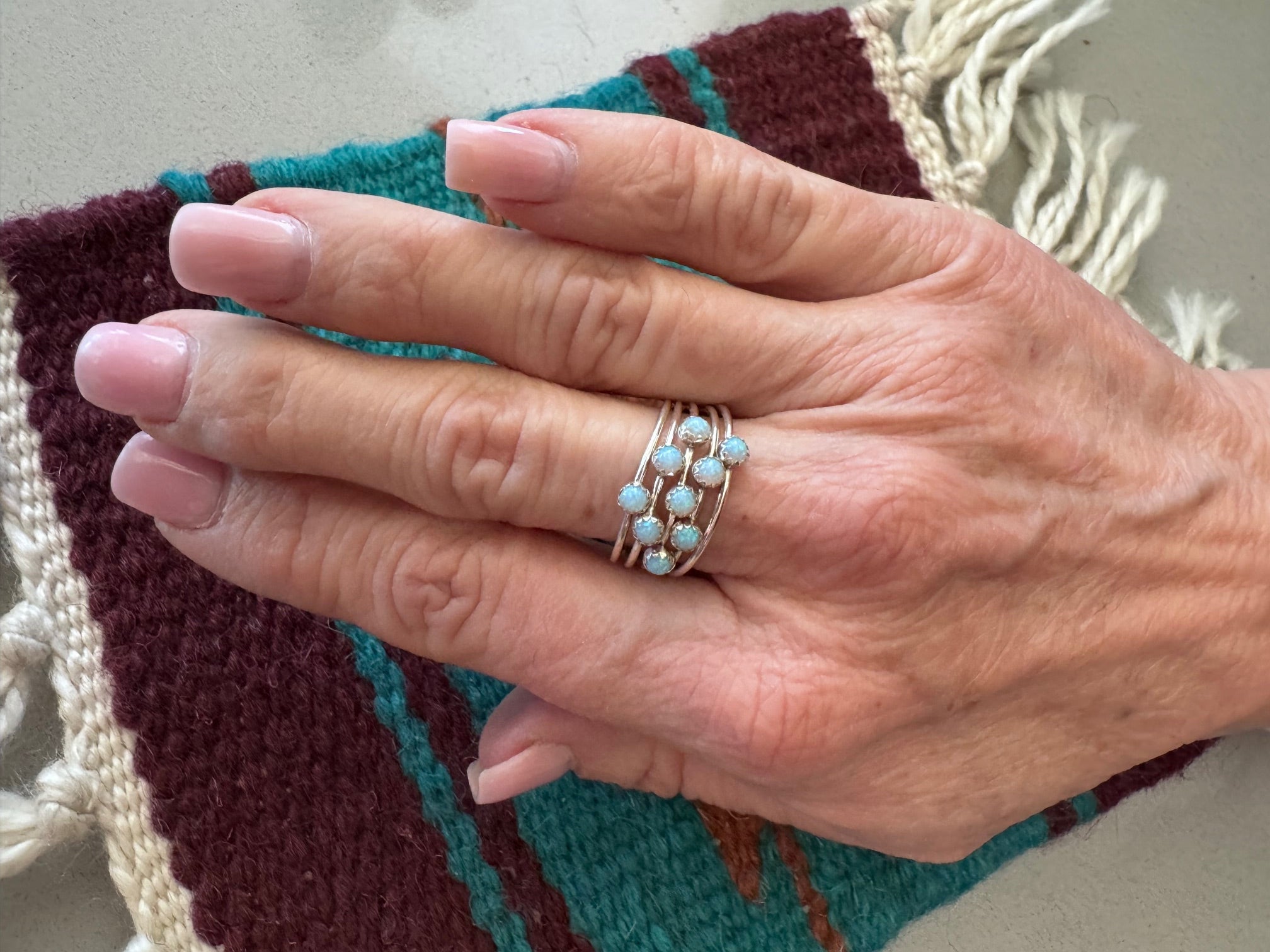 Handcrafted Sterling Silver & Light Blue Fire Opal 5 Stacker Ring Size 7