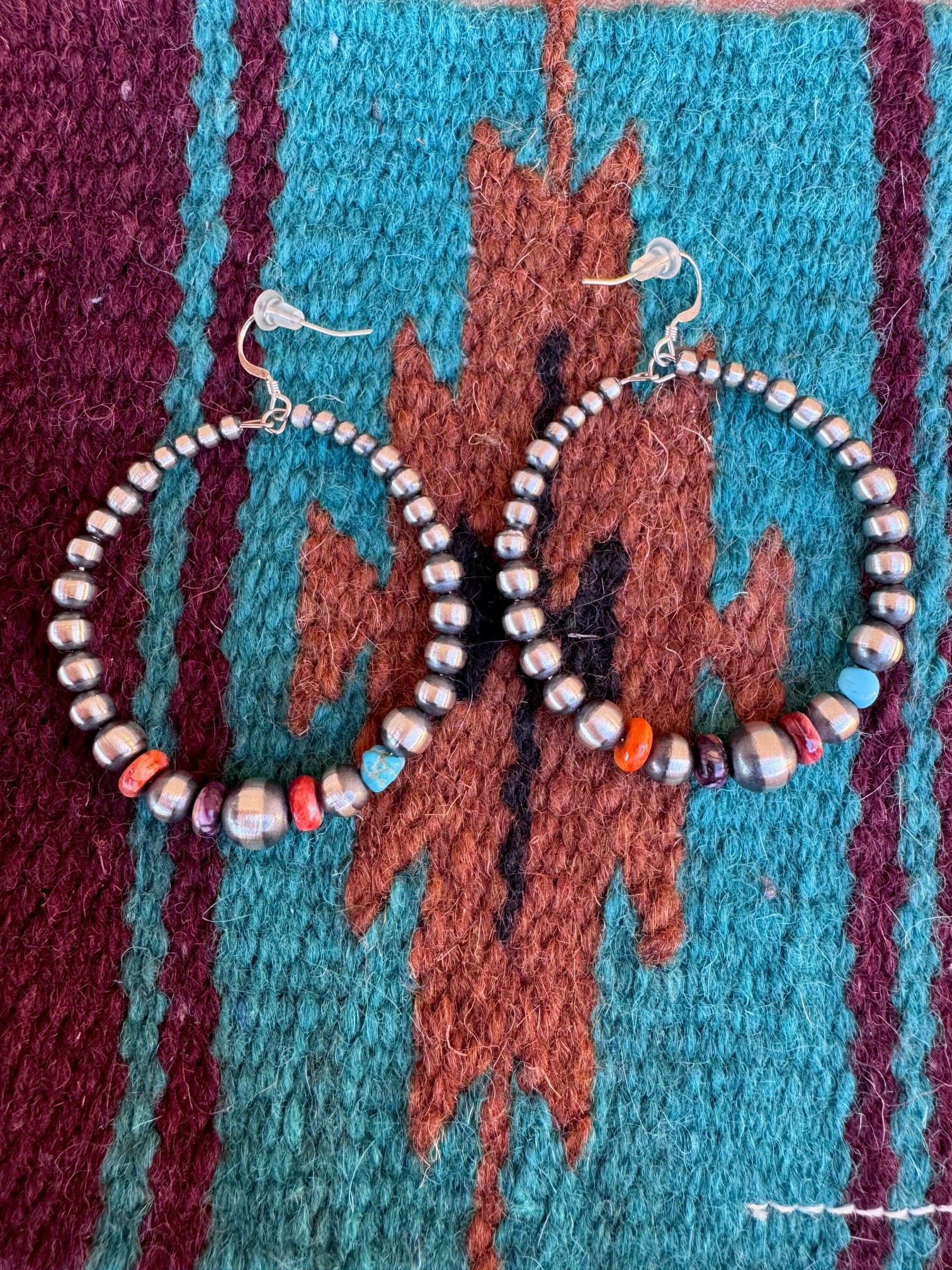 Handcrafted Spiny Oyster, Turquoise & Sterling Silver Beaded Dangle Hoop Earrings