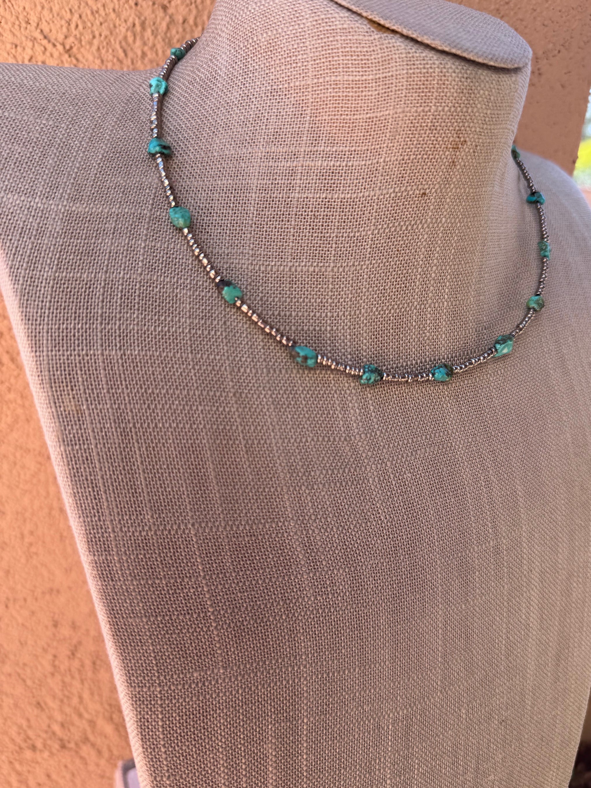 Handmade Sterling Silver & Natural Turquoise Seed Beaded Choker Necklace 14"