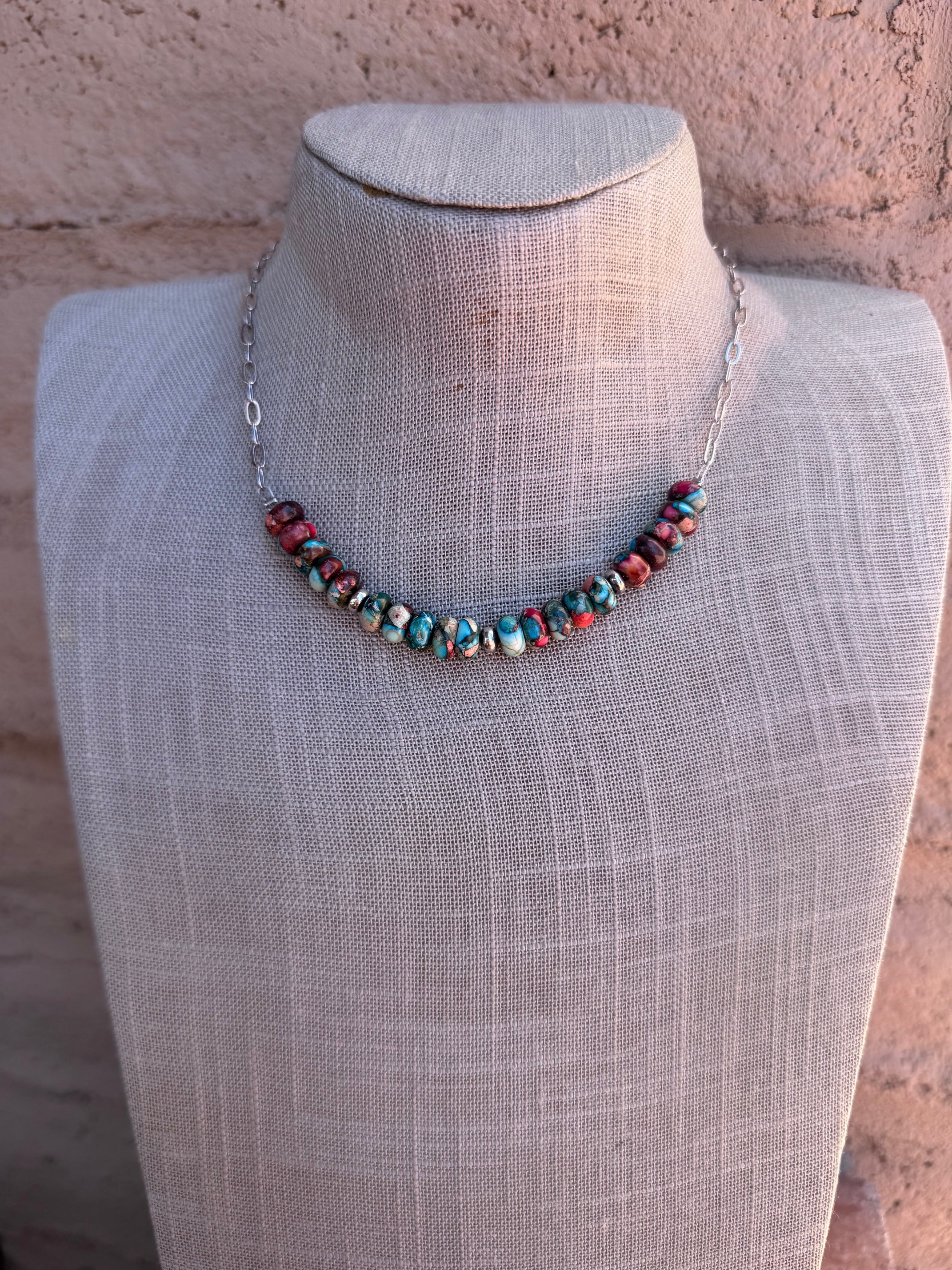 Handmade Sterling Silver & Verascite Sea Sediment Chain Choker Necklace 16"