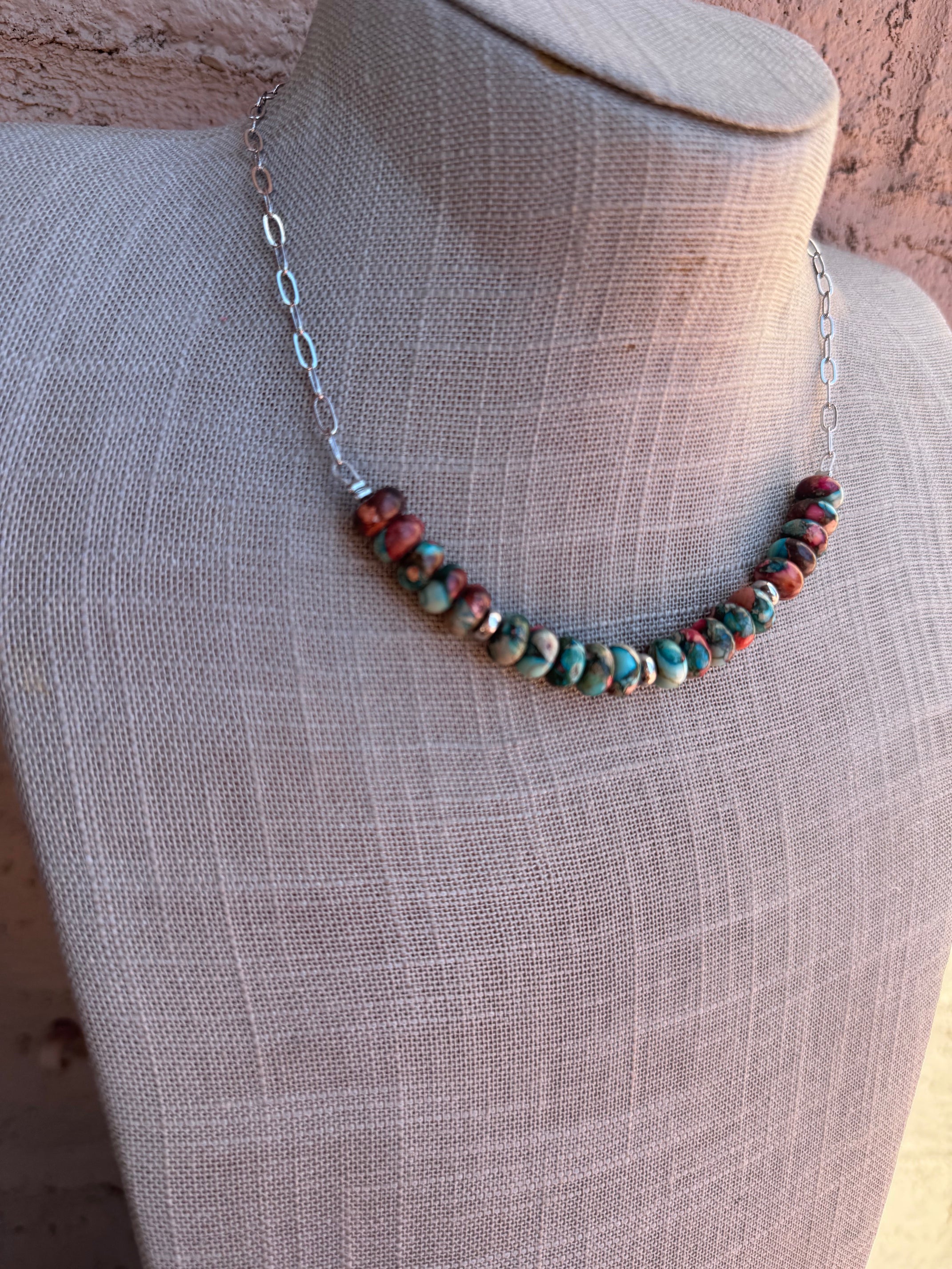 Handmade Sterling Silver & Verascite Sea Sediment Chain Choker Necklace 16"