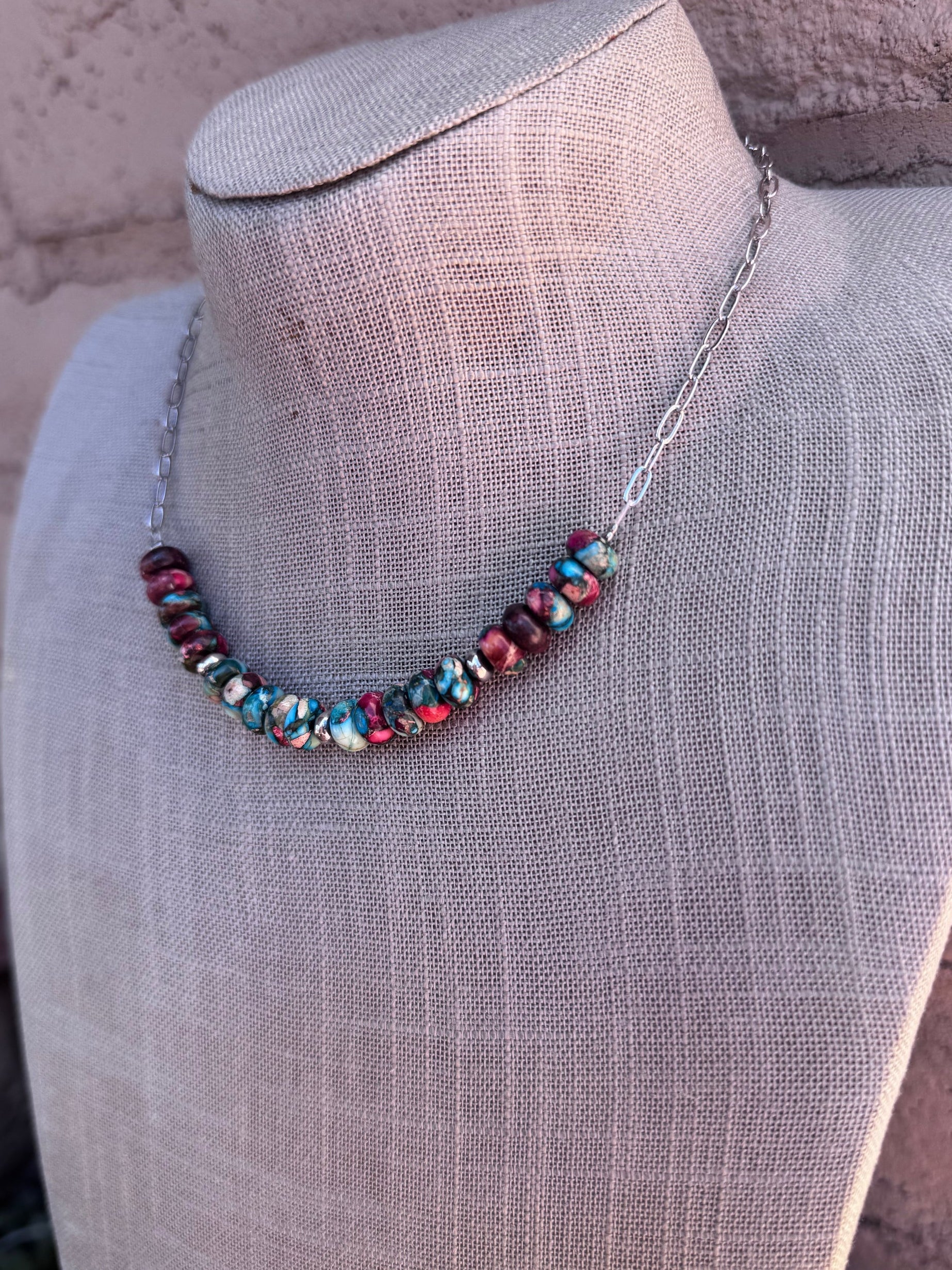 Handmade Sterling Silver & Verascite Sea Sediment Chain Choker Necklace 16"