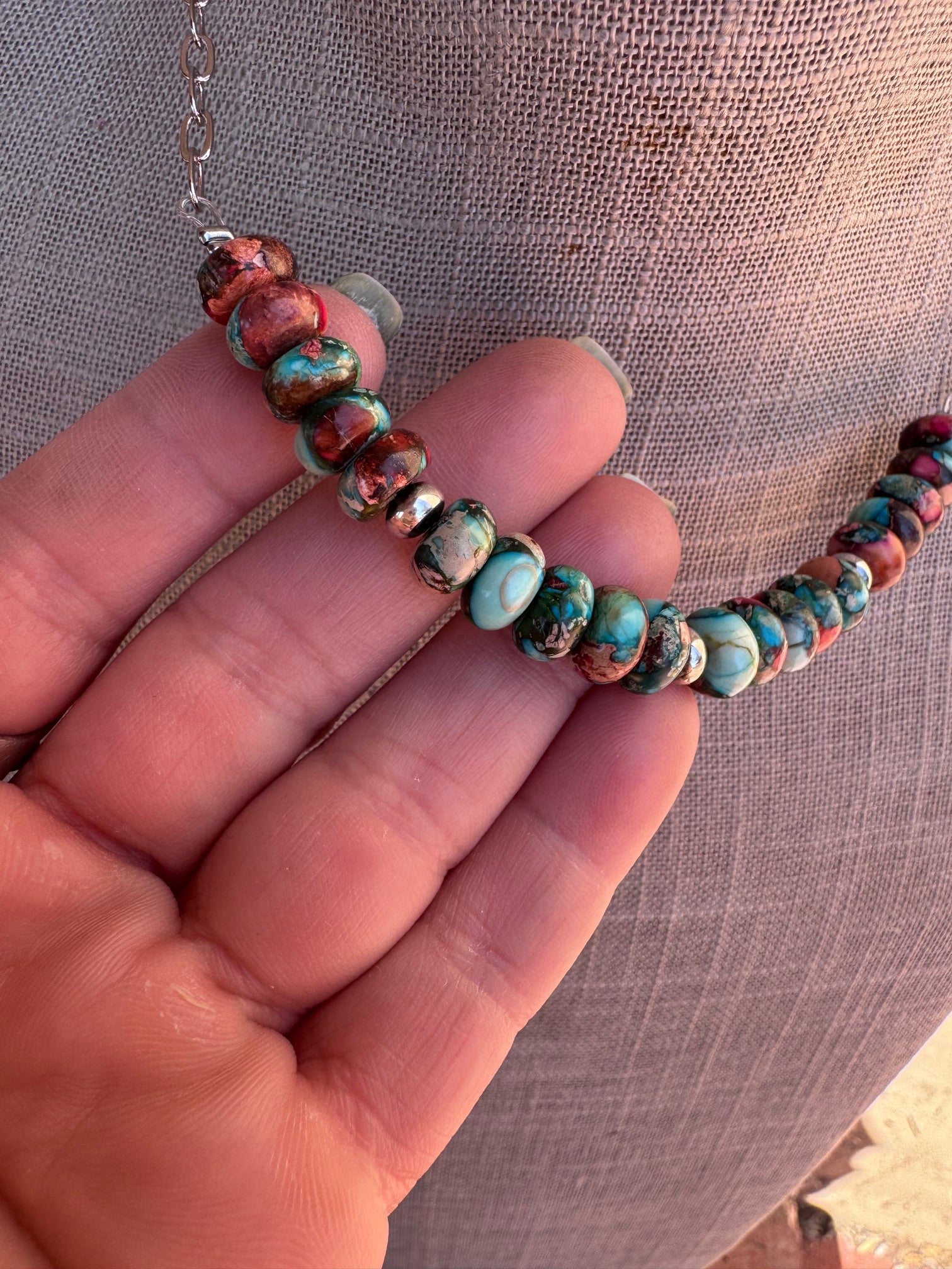 Handmade Sterling Silver & Verascite Sea Sediment Chain Choker Necklace 16"