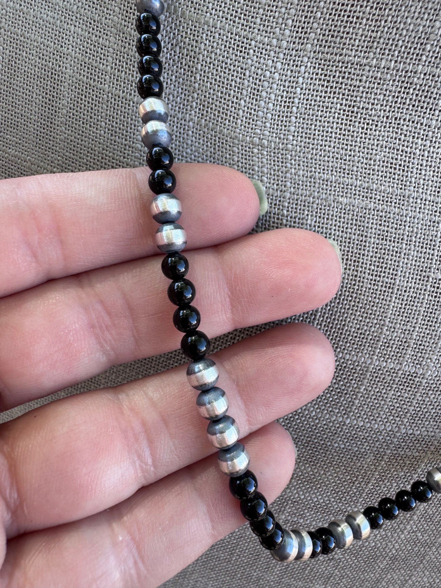 Handcrafted Sterling Silver Pearl & Black Onyx 5mm Beaded 22" Necklace