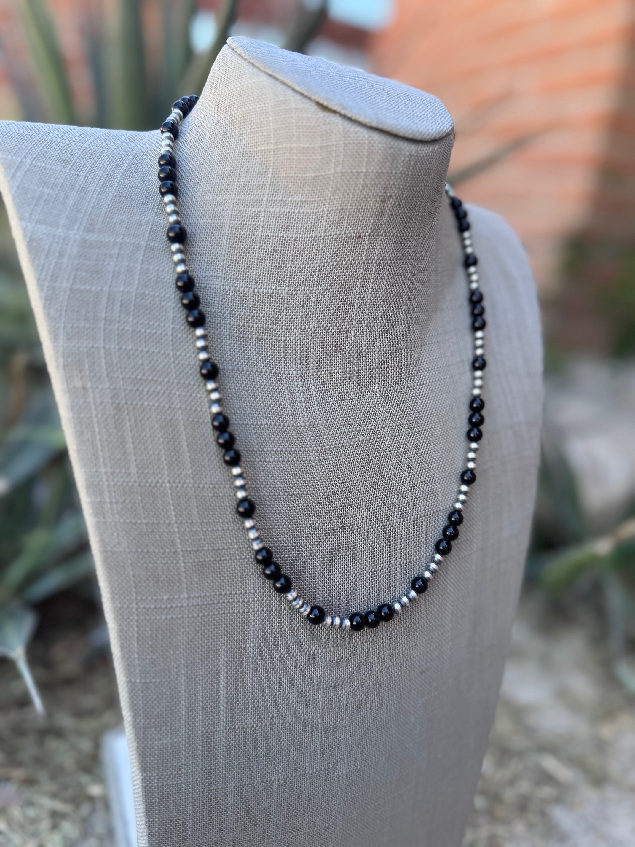 Handcrafted Sterling Silver Pearl & Black Onyx 4-6mm Beaded 22" Necklace