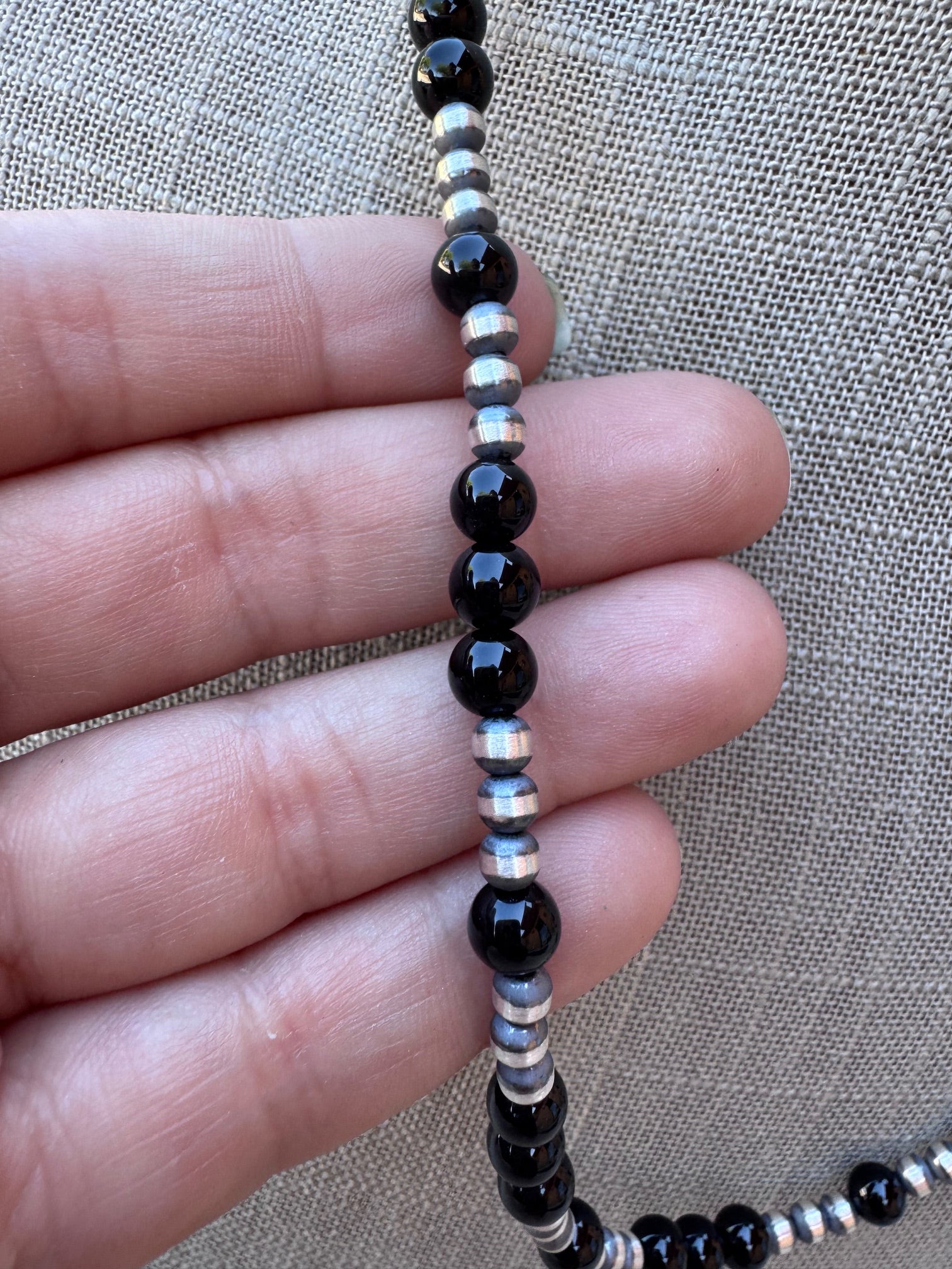 Handcrafted Sterling Silver Pearl & Black Onyx 4-6mm Beaded 22" Necklace