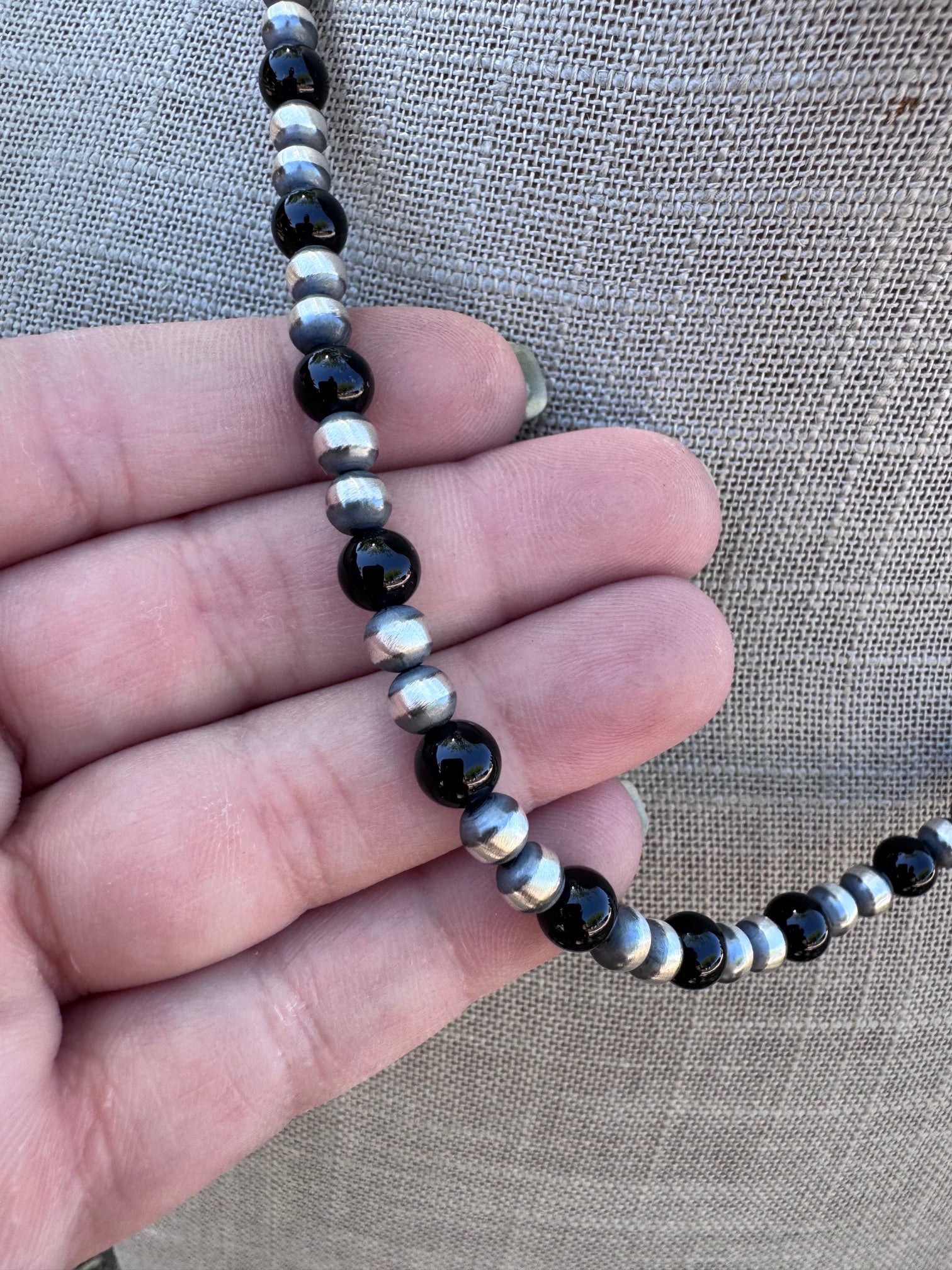Handcrafted Sterling Silver Pearl & Black Onyx 5-6mm Beaded 18" Necklace