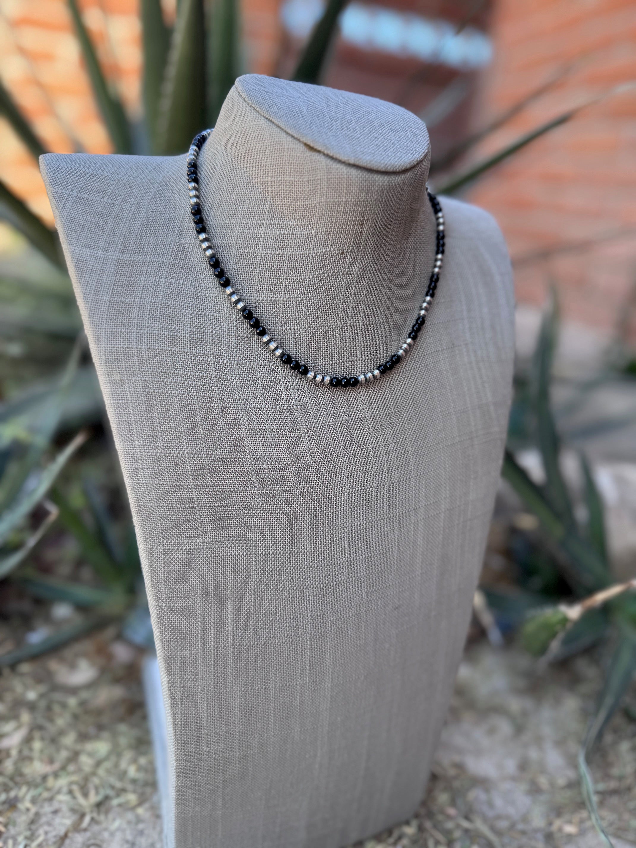 Handcrafted Sterling Silver Pearl & Black Onyx 4mm Beaded 16" Necklace