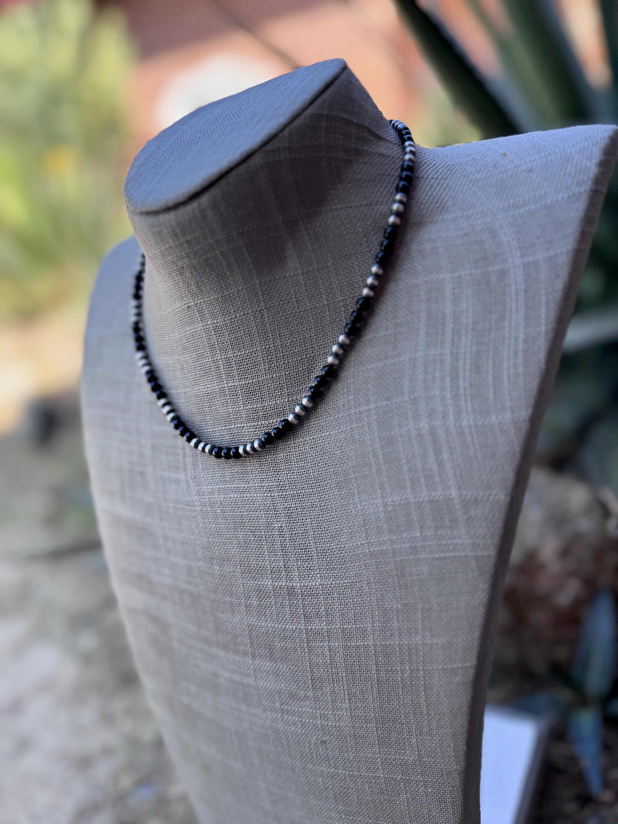 Handcrafted Sterling Silver Pearl & Black Onyx 4mm Beaded 16" Necklace