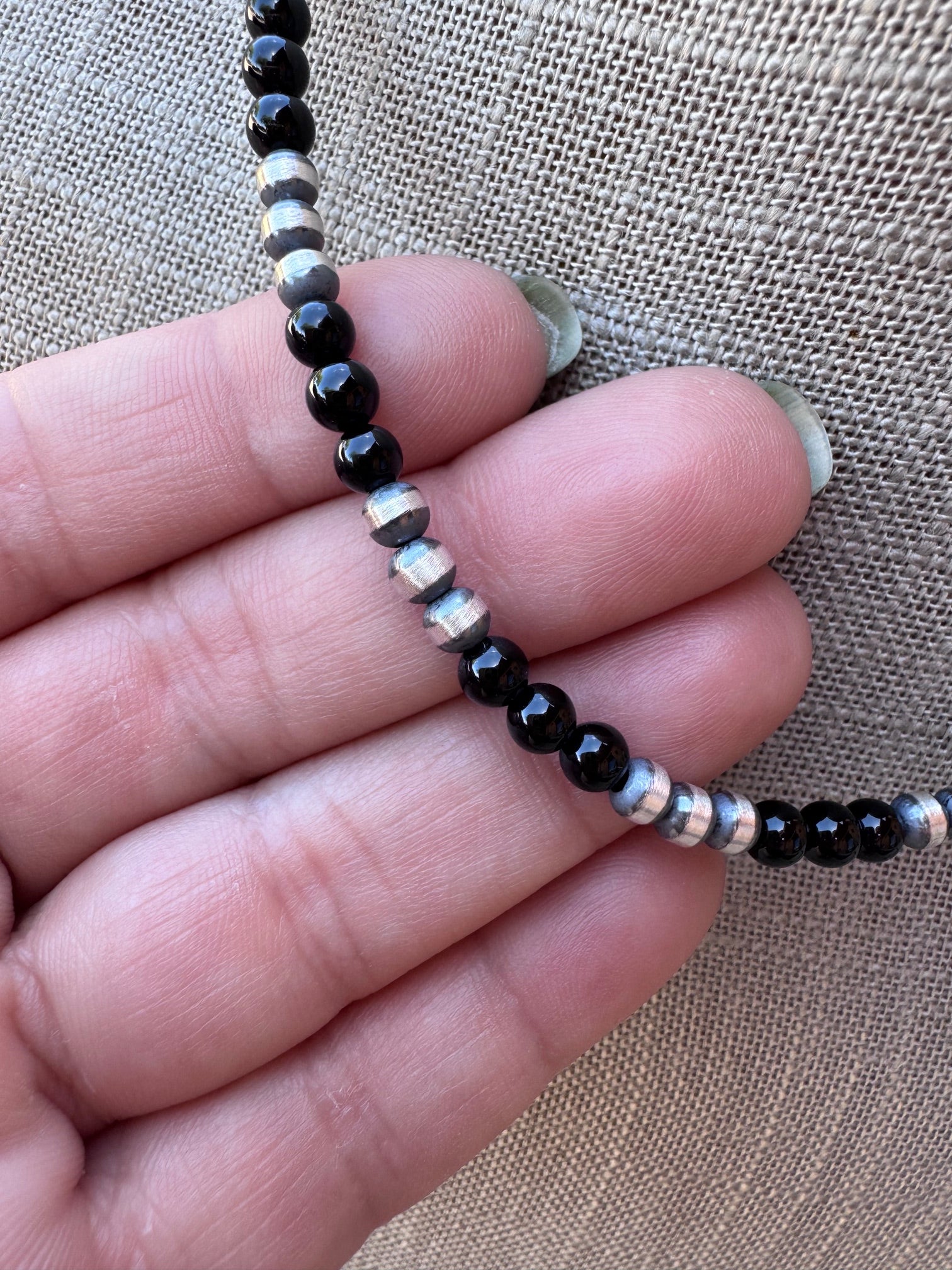 Handcrafted Sterling Silver Pearl & Black Onyx 4mm Beaded 16" Necklace